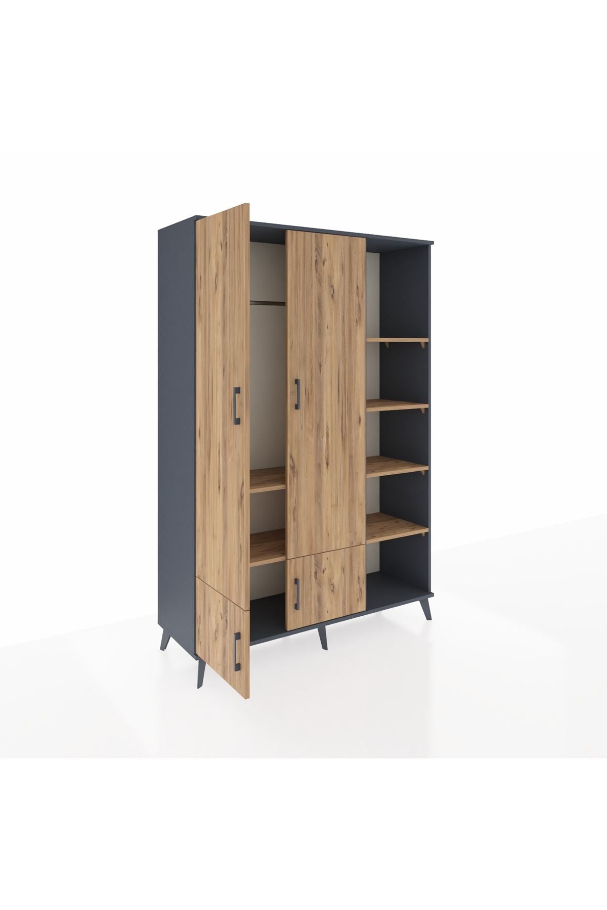 Hyperion Dolap 6 Raflı 4 Kapaklı Tek Askılı 132x44x195 Antrasit-Çam/Çam