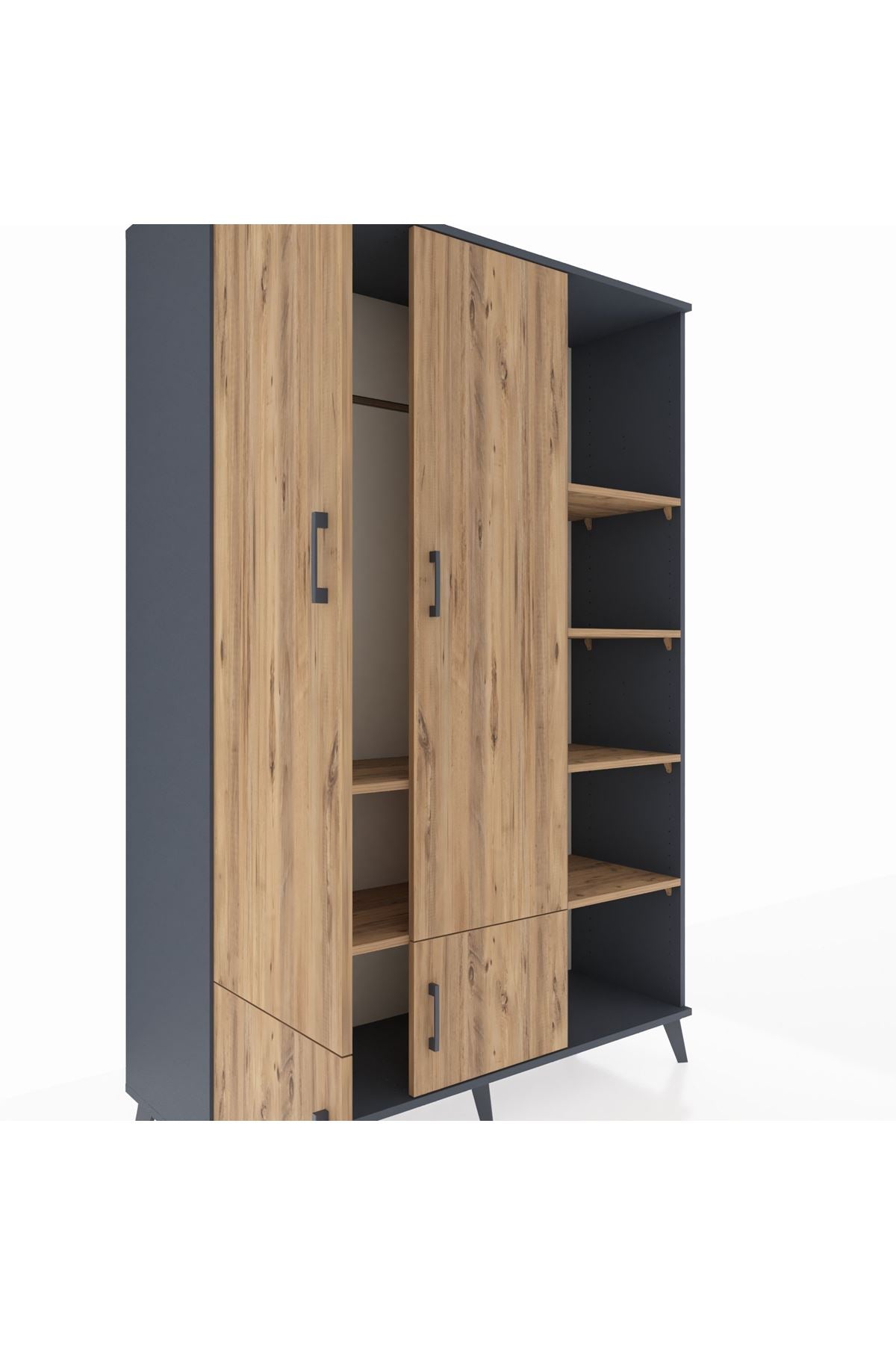 Hyperion Dolap 6 Raflı 4 Kapaklı Tek Askılı 132x44x195 Antrasit-Çam/Çam