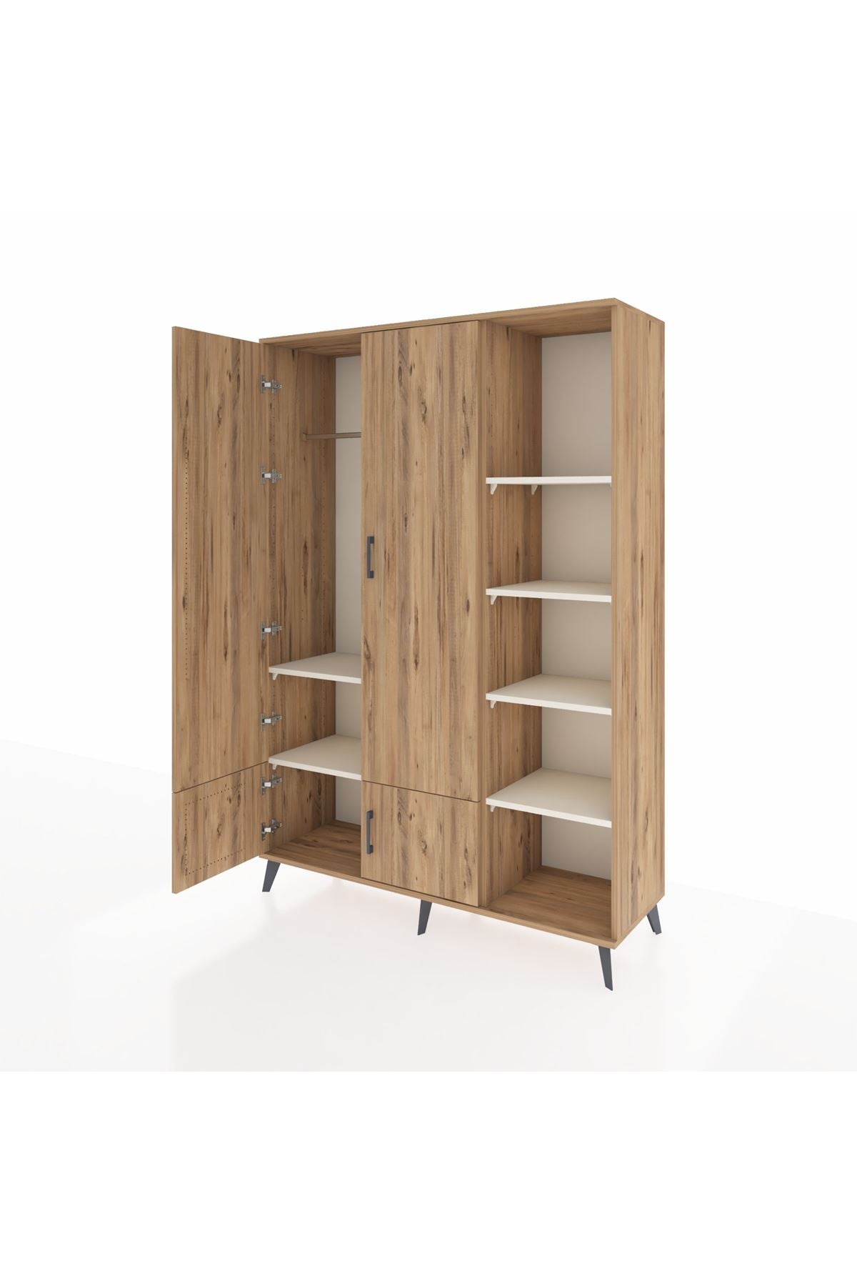 Hyperion Dolap 6 Raflı 4 Kapaklı Tek Askılı 132x44x195 Çam-Çam/Aytaşı