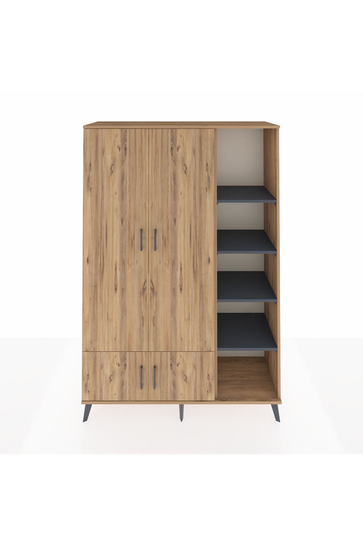 Hyperion Dolap 6 Raflı 4 Kapaklı Tek Askılı 132x44x195 Çam-Çam/Antrasit