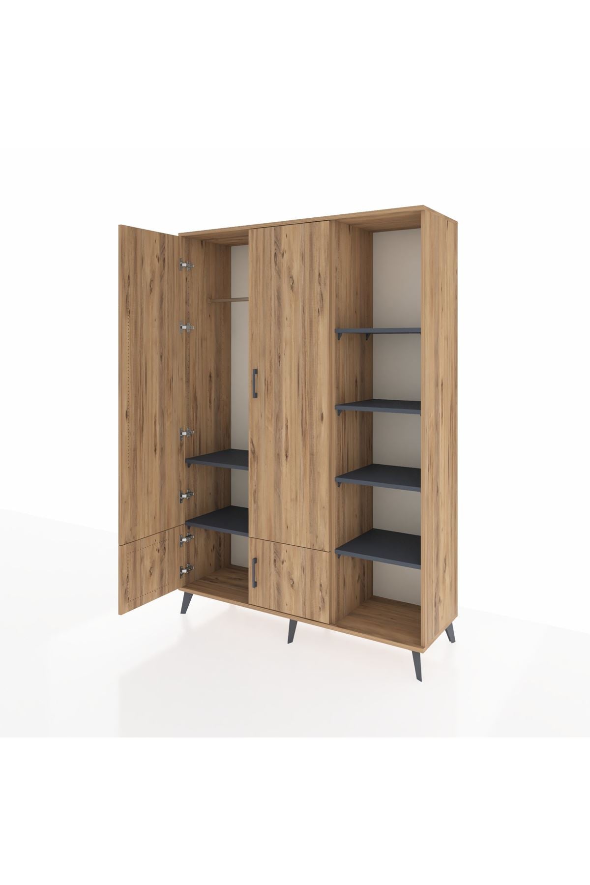 Hyperion Dolap 6 Raflı 4 Kapaklı Tek Askılı 132x44x195 Çam-Çam/Antrasit