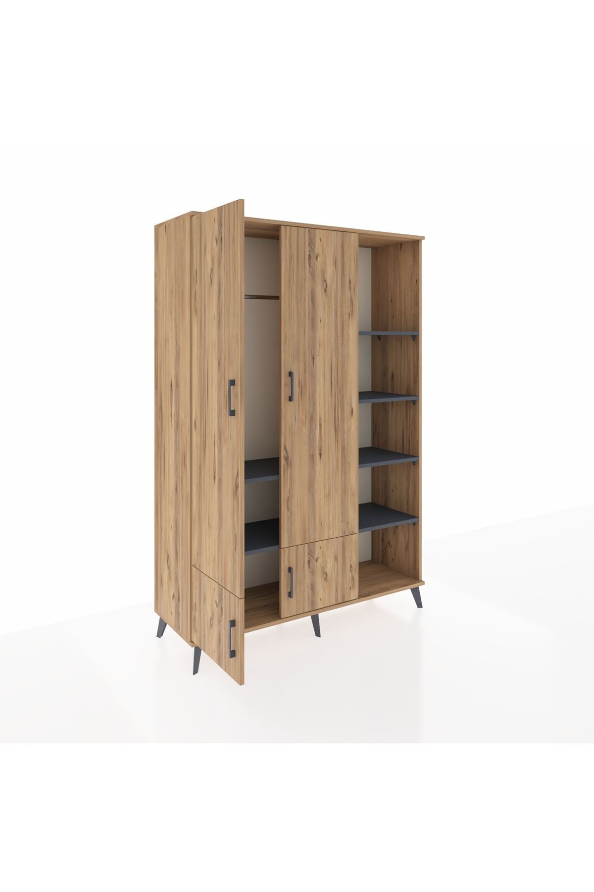 Hyperion Dolap 6 Raflı 4 Kapaklı Tek Askılı 132x44x195 Çam-Çam/Antrasit