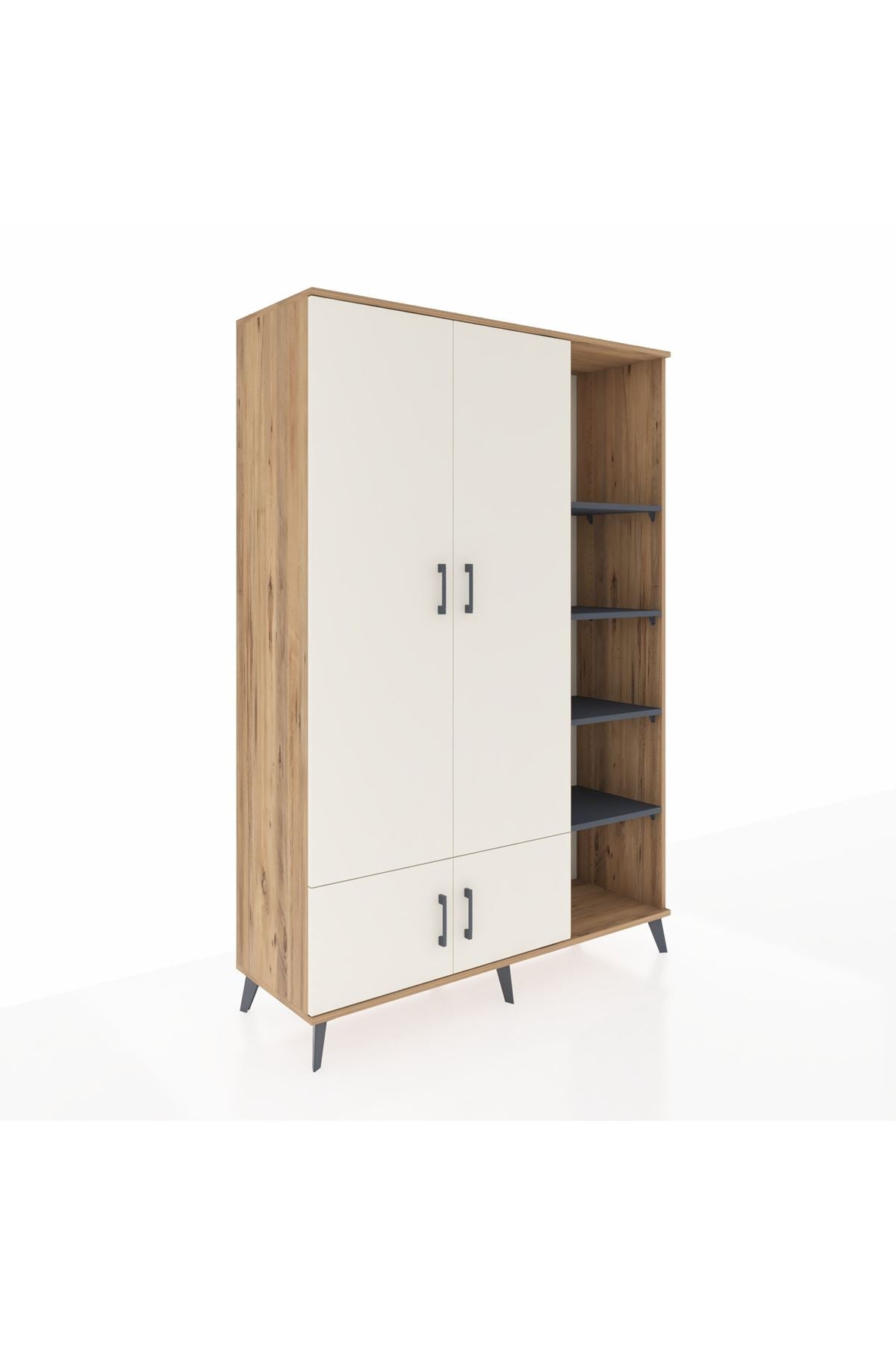 Hyperion Dolap 6 Raflı 4 Kapaklı Tek Askılı 132x44x195 Çam-Aytaşı/Antrasit