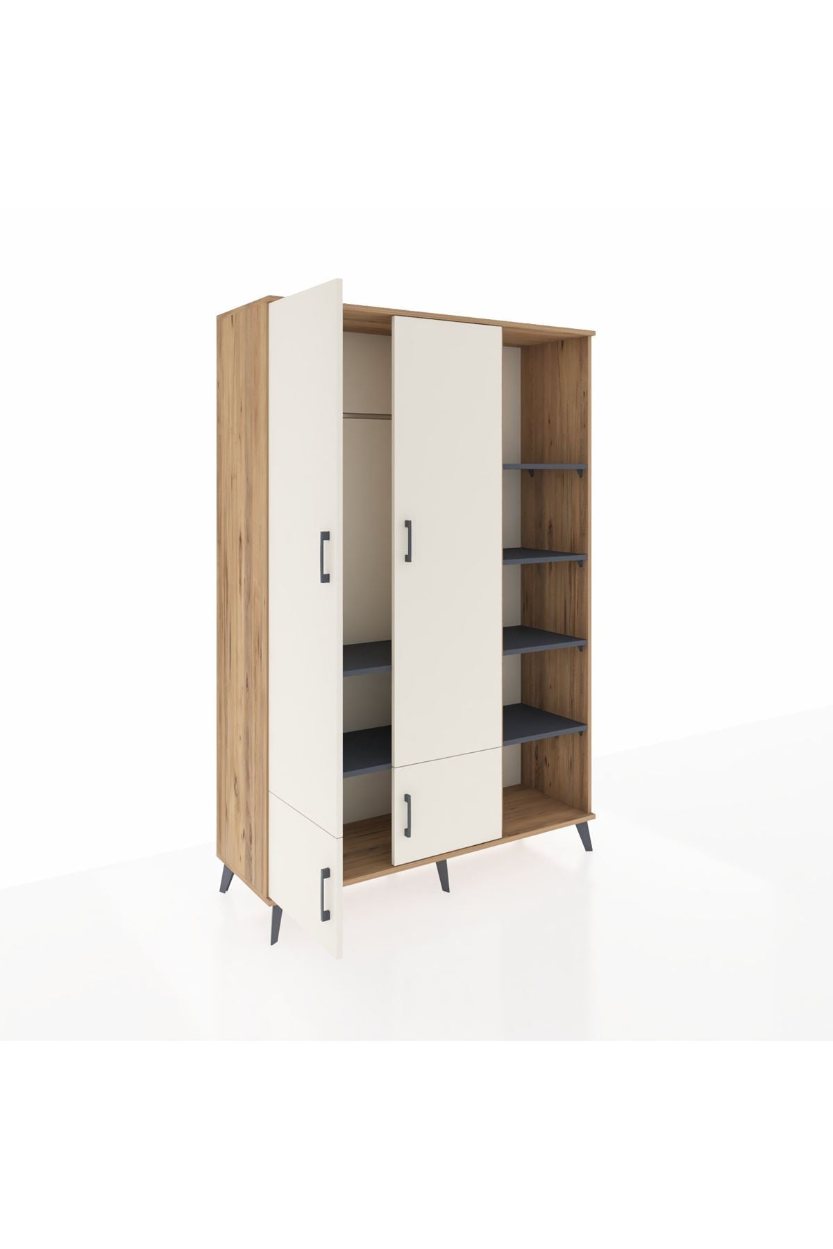 Hyperion Dolap 6 Raflı 4 Kapaklı Tek Askılı 132x44x195 Çam-Aytaşı/Antrasit