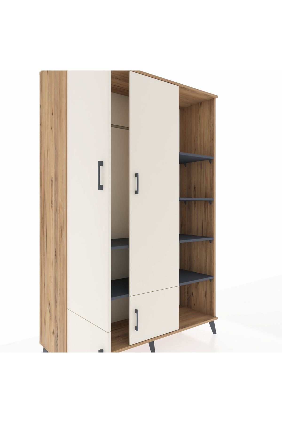 Hyperion Dolap 6 Raflı 4 Kapaklı Tek Askılı 132x44x195 Çam-Aytaşı/Antrasit