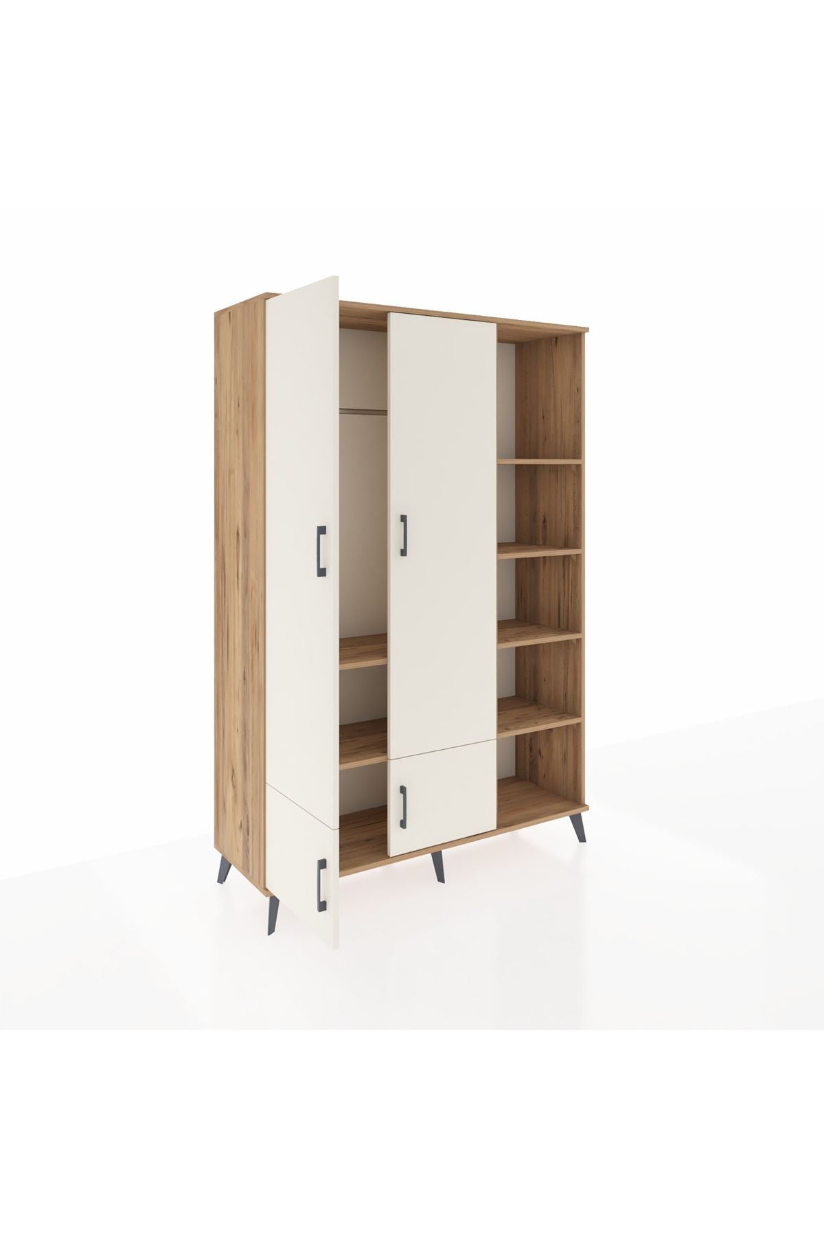 Hyperion Dolap 6 Raflı 4 Kapaklı Tek Askılı 132x44x195 Çam-Aytaşı/Çam