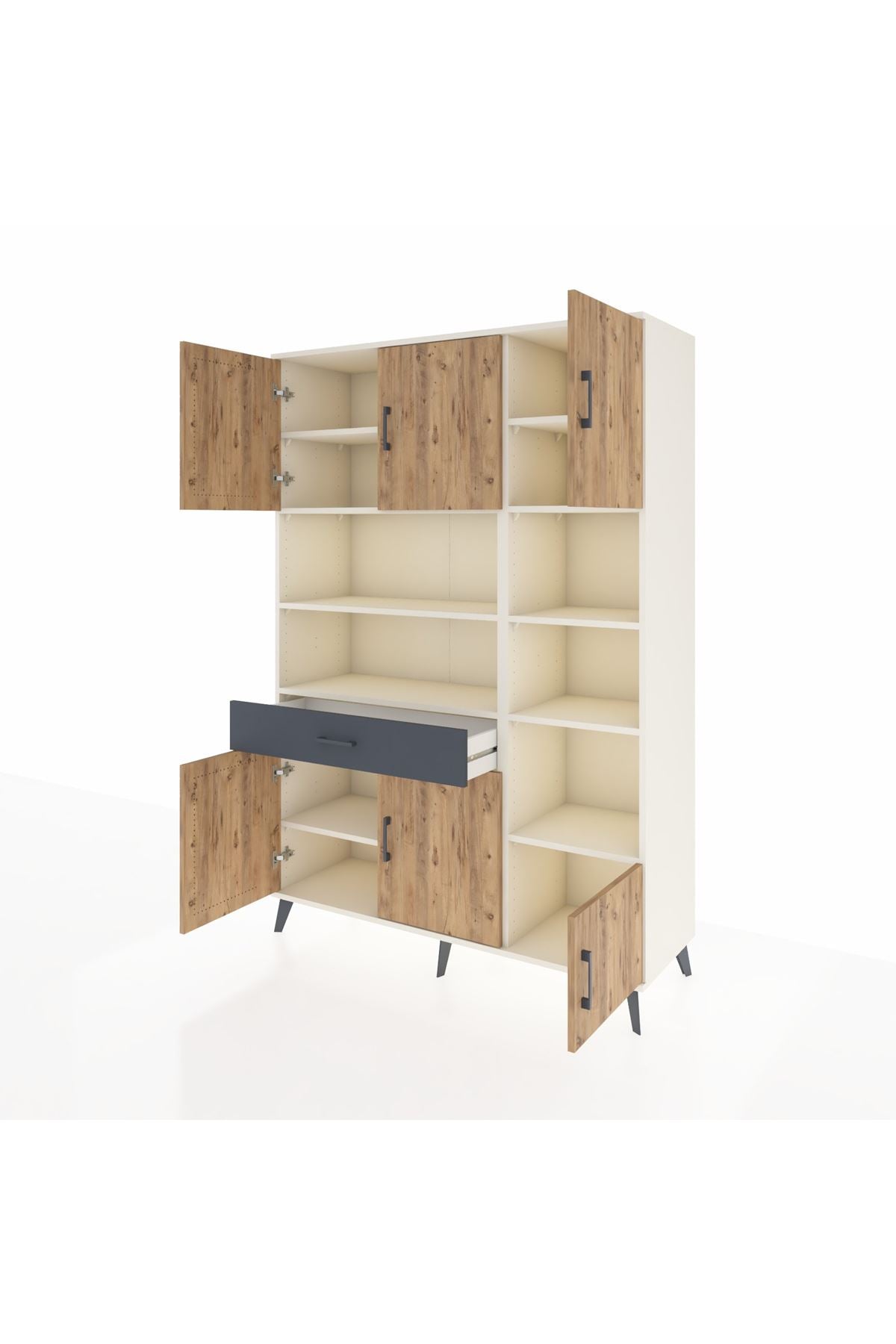 Hyperion Dolap 10 Raflı Tek Çekmeceli 6 Kapaklı 132x44x195 Aytaşı-Çam/Antrasit