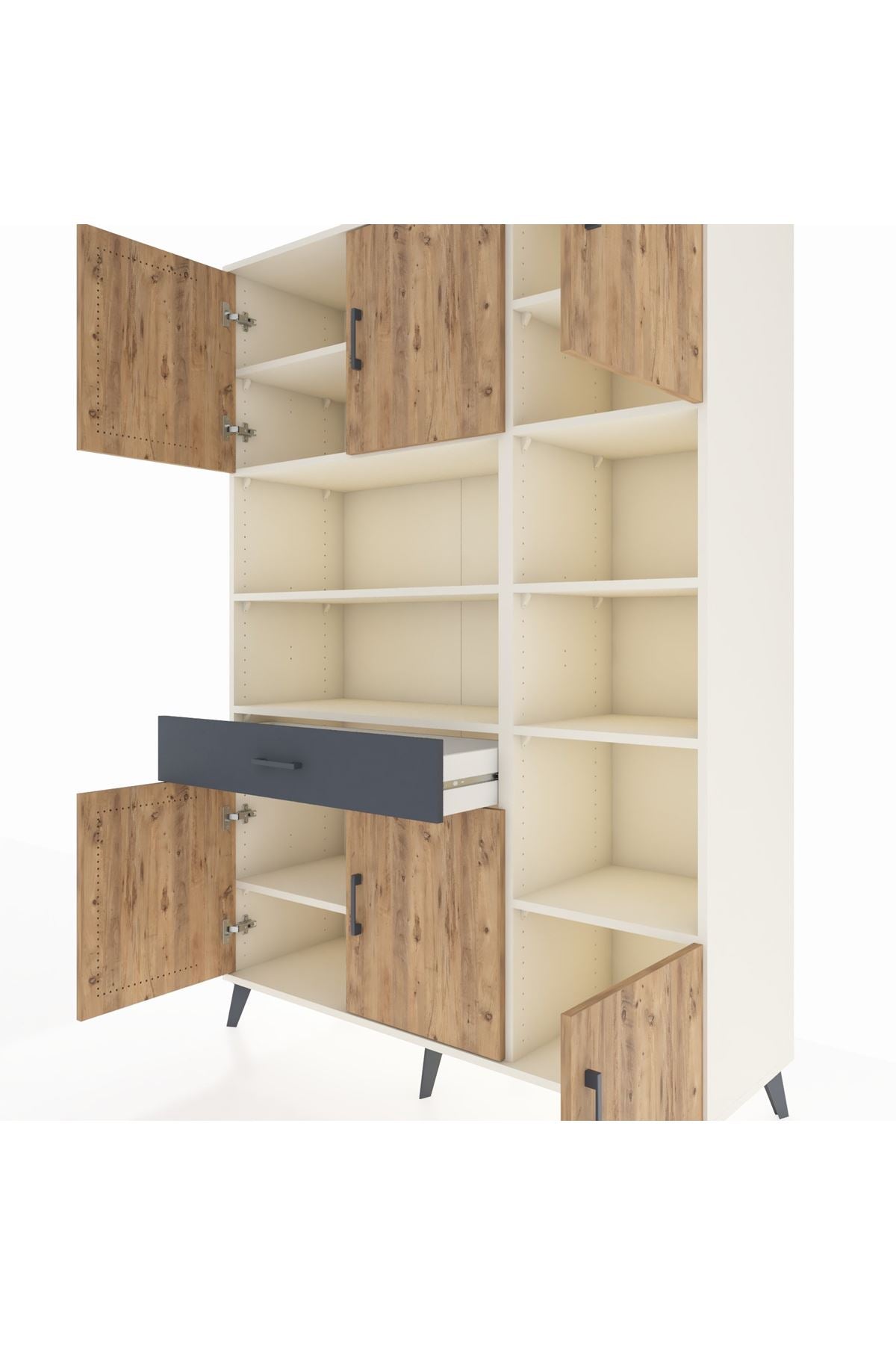 Hyperion Dolap 10 Raflı Tek Çekmeceli 6 Kapaklı 132x44x195 Aytaşı-Çam/Antrasit