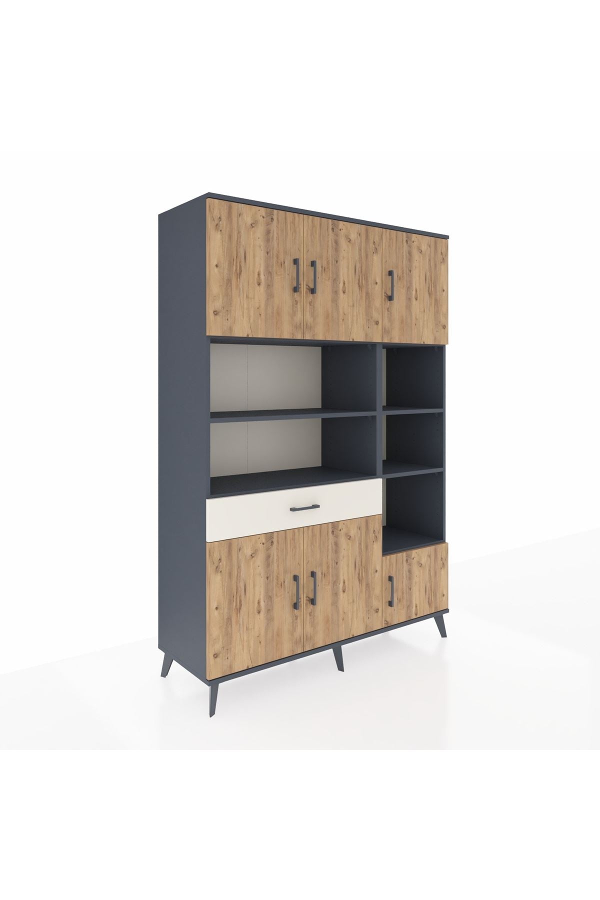 Hyperion Dolap 10 Raflı Tek Çekmeceli 6 Kapaklı 132x44x195 Antrasit-Çam/Aytaşı