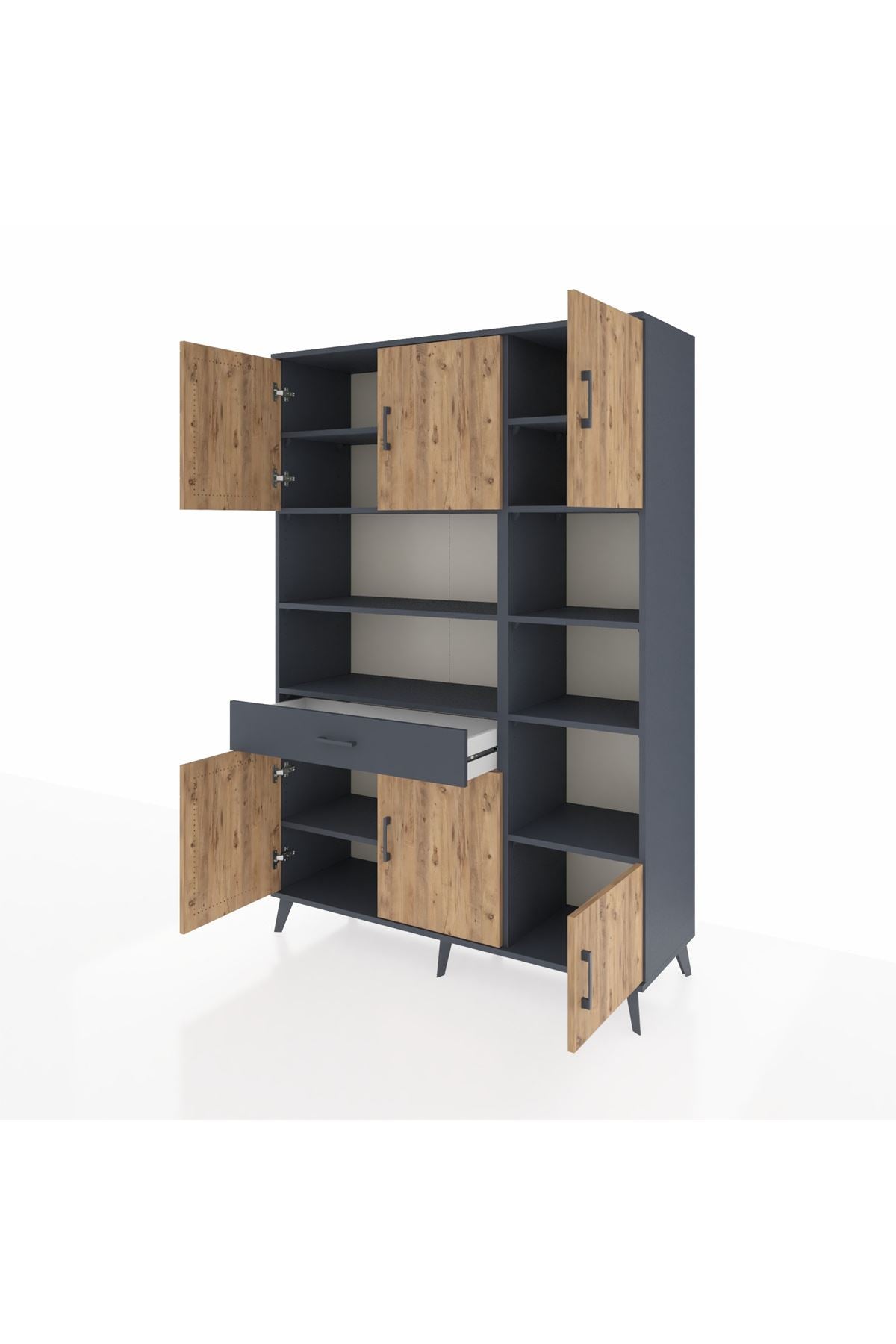 Hyperion Dolap 10 Raflı Tek Çekmeceli 6 Kapaklı 132x44x195 Antrasit-Çam/Antrasit