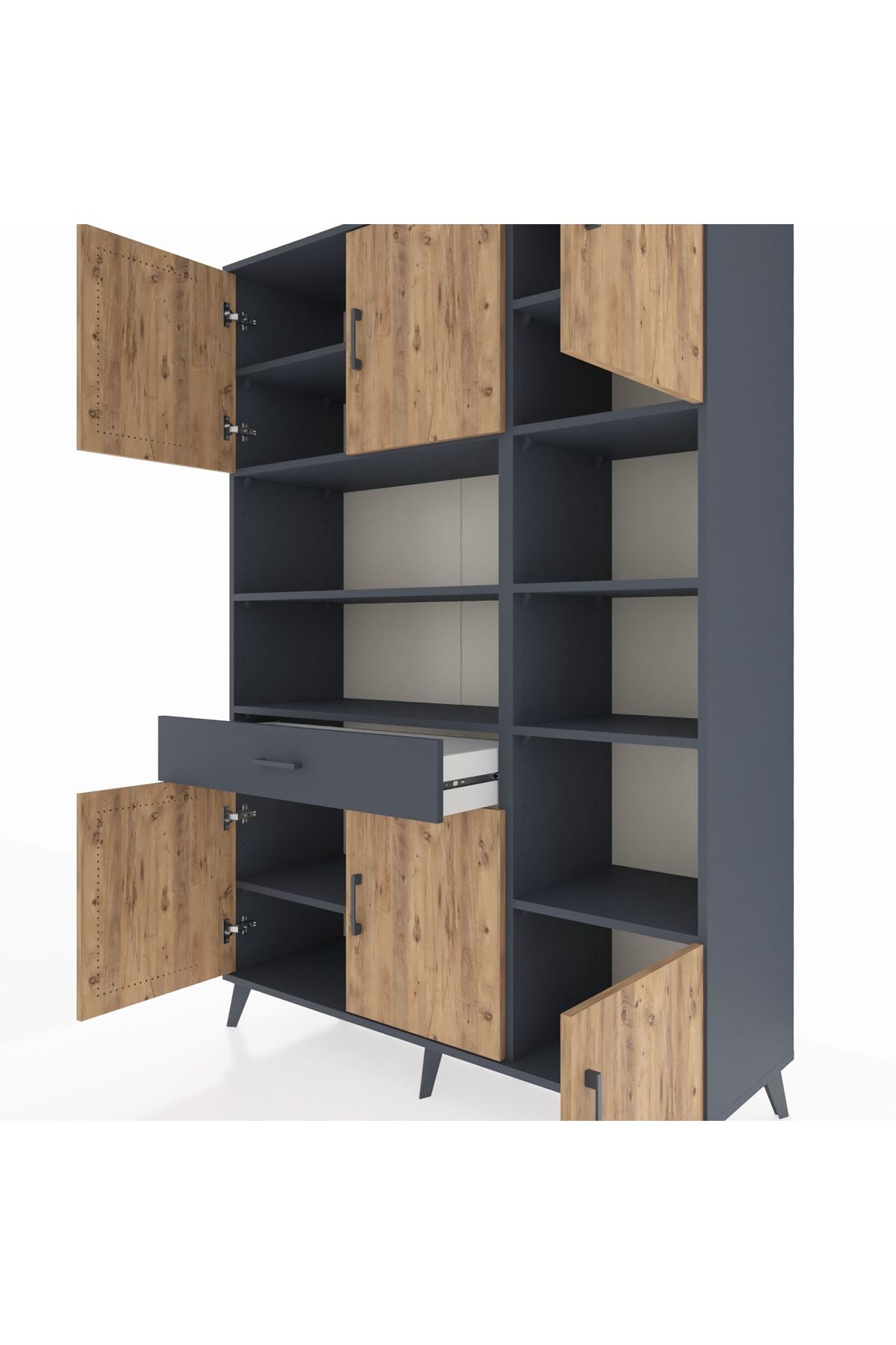 Hyperion Dolap 10 Raflı Tek Çekmeceli 6 Kapaklı 132x44x195 Antrasit-Çam/Antrasit