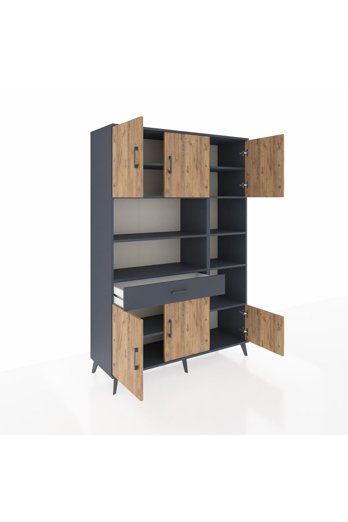 Hyperion Dolap 10 Raflı Tek Çekmeceli 6 Kapaklı 132x44x195 Antrasit-Çam/Antrasit