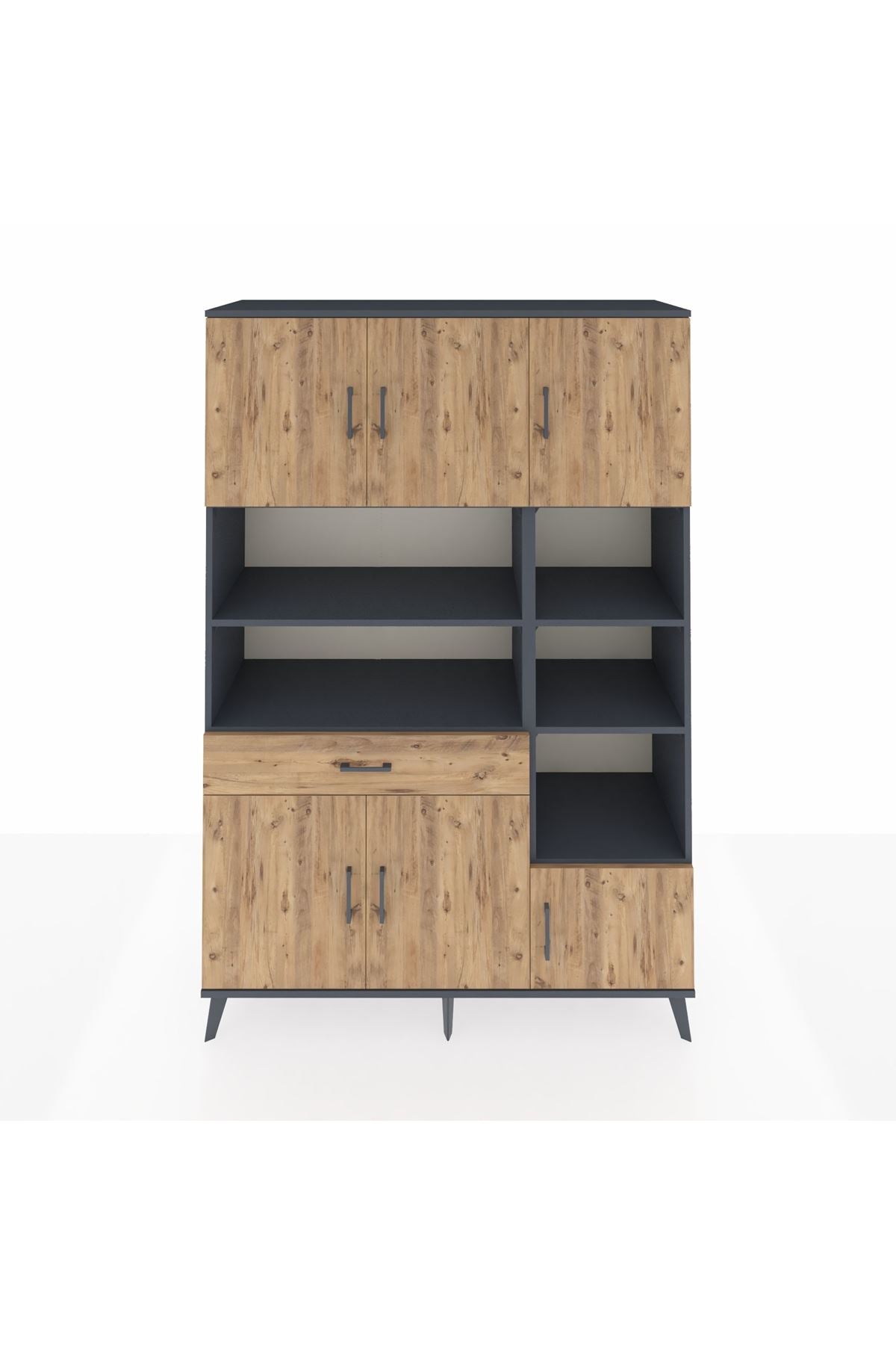 Hyperion Dolap 10 Raflı Tek Çekmeceli 6 Kapaklı 132x44x195 Antrasit-Çam/Çam