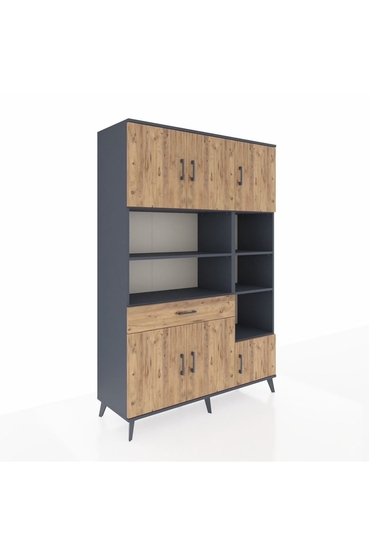 Hyperion Dolap 10 Raflı Tek Çekmeceli 6 Kapaklı 132x44x195 Antrasit-Çam/Çam