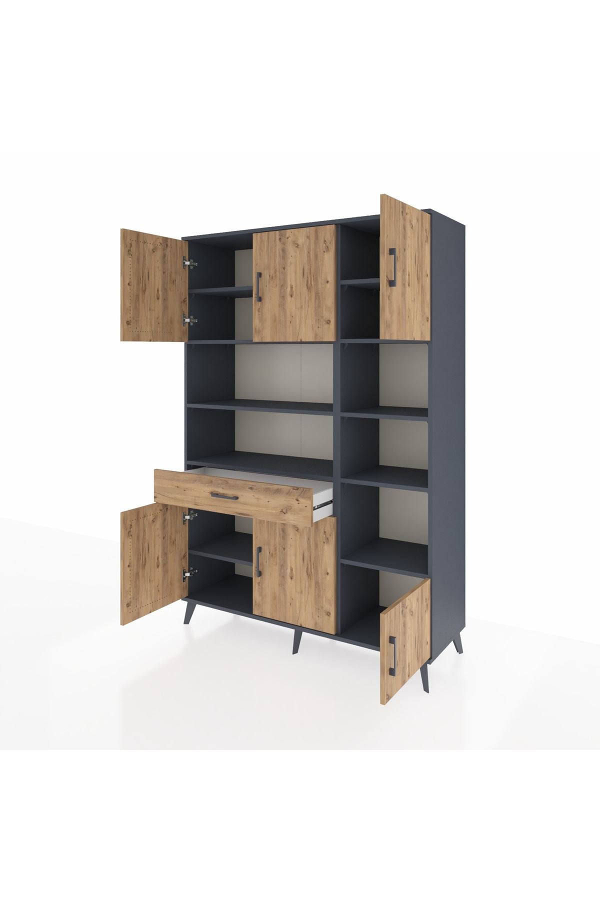 Hyperion Dolap 10 Raflı Tek Çekmeceli 6 Kapaklı 132x44x195 Antrasit-Çam/Çam