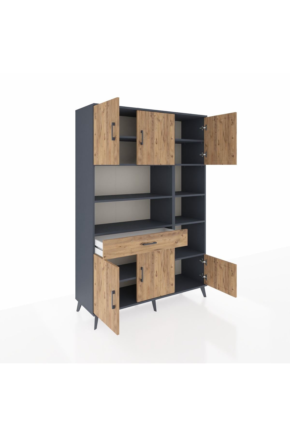 Hyperion Dolap 10 Raflı Tek Çekmeceli 6 Kapaklı 132x44x195 Antrasit-Çam/Çam