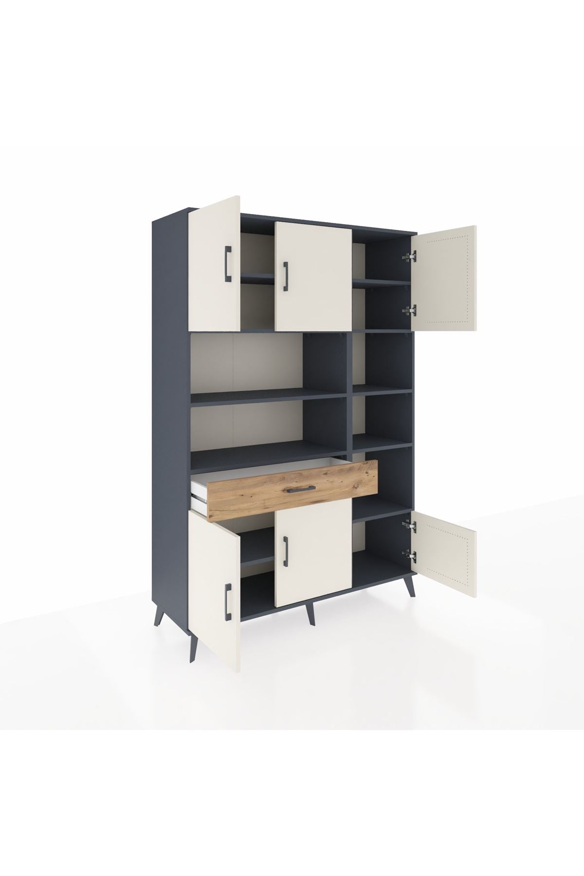 Hyperion Dolap 10 Raflı Tek Çekmeceli 6 Kapaklı 132x44x195 Antrasit-Aytaşı/Çam