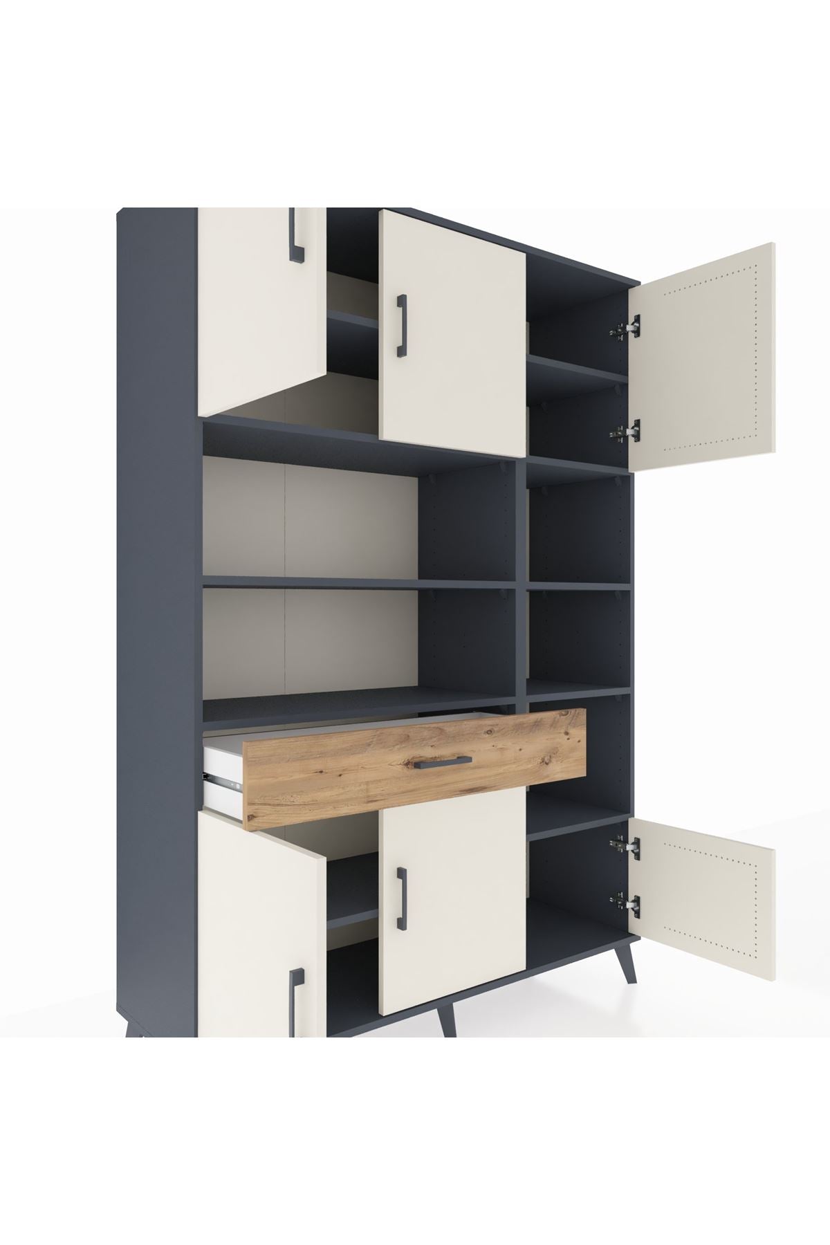 Hyperion Dolap 10 Raflı Tek Çekmeceli 6 Kapaklı 132x44x195 Antrasit-Aytaşı/Çam