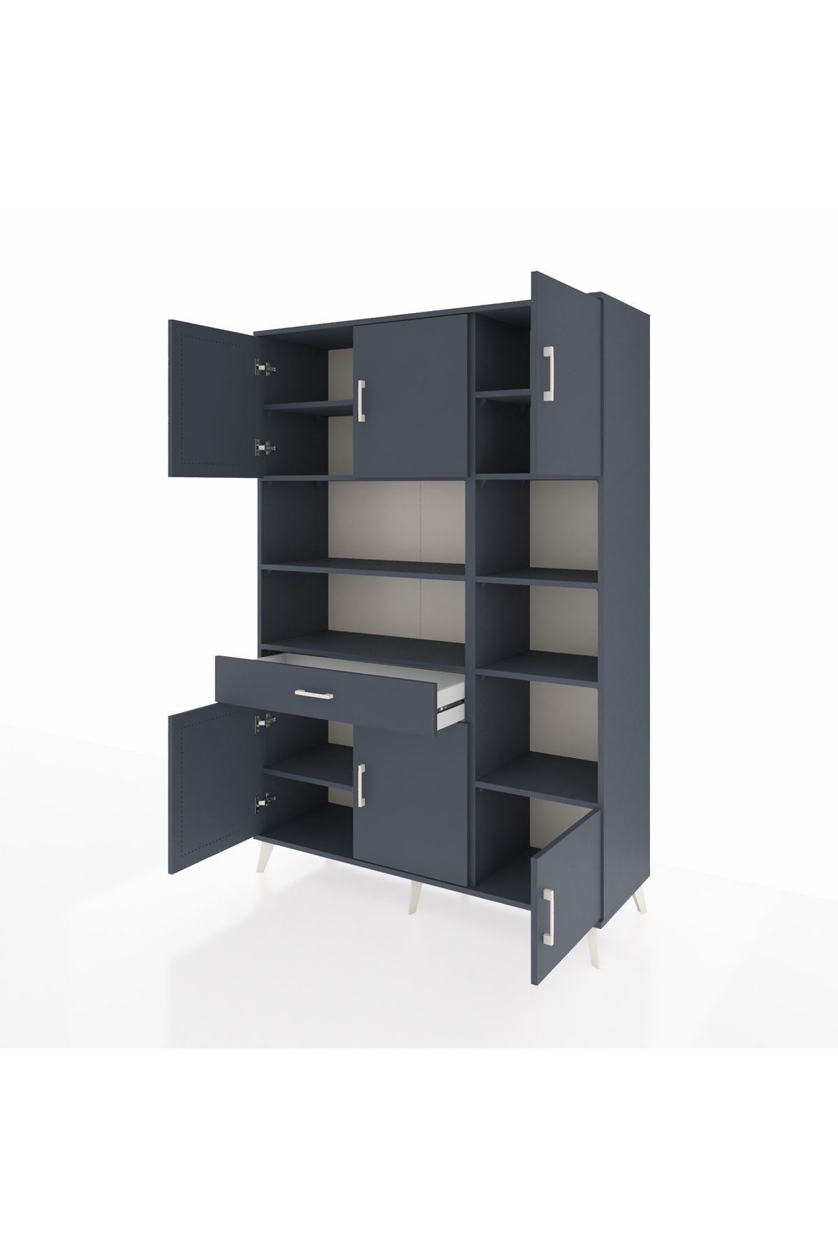 Hyperion Dolap 10 Raflı Tek Çekmeceli 6 Kapaklı 132x44x195 Antrasit-Antrasit/Antrasit