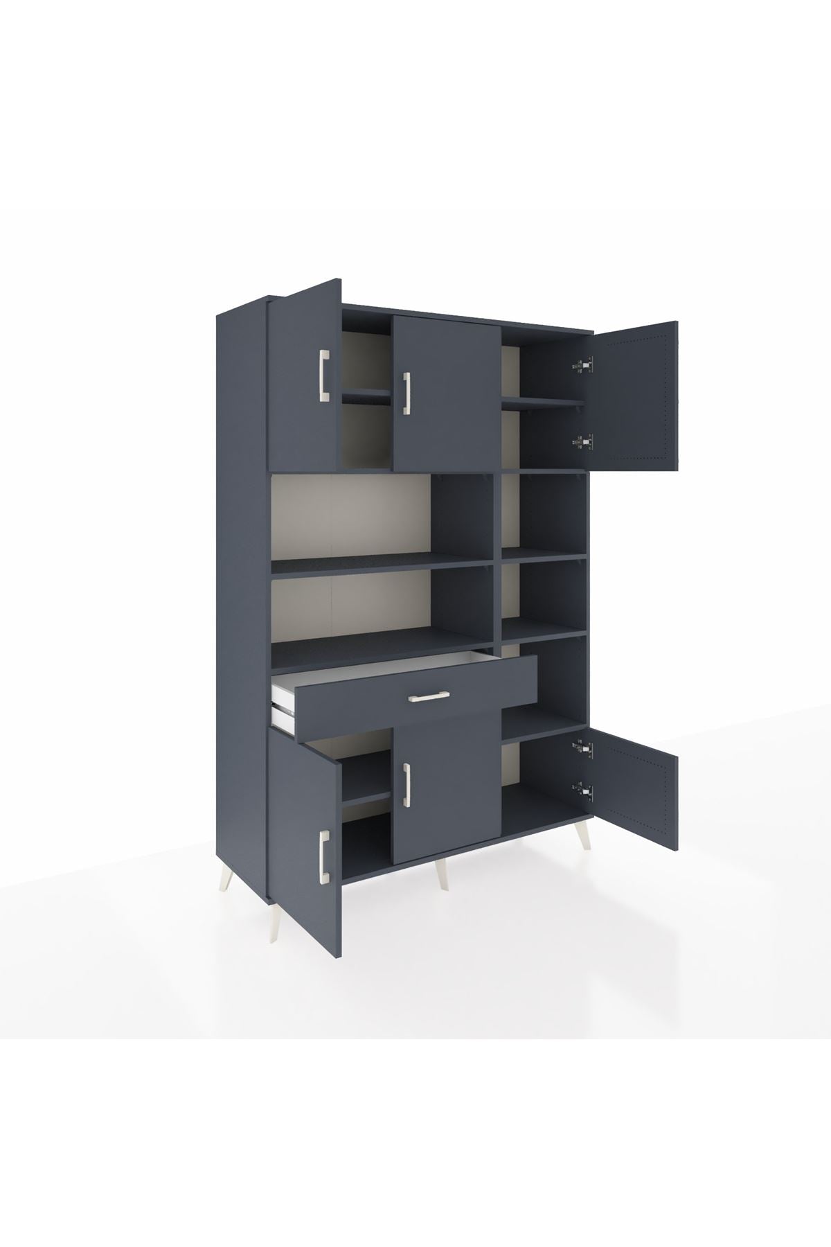 Hyperion Dolap 10 Raflı Tek Çekmeceli 6 Kapaklı 132x44x195 Antrasit-Antrasit/Antrasit