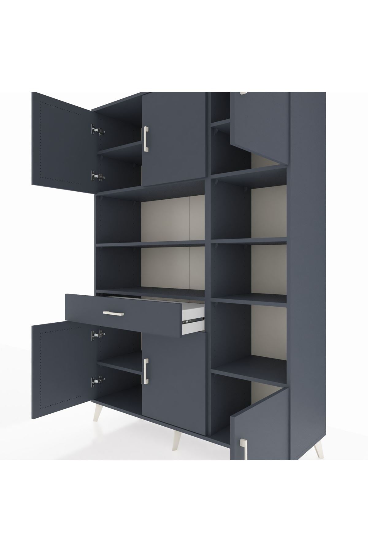 Hyperion Dolap 10 Raflı Tek Çekmeceli 6 Kapaklı 132x44x195 Antrasit-Antrasit/Antrasit