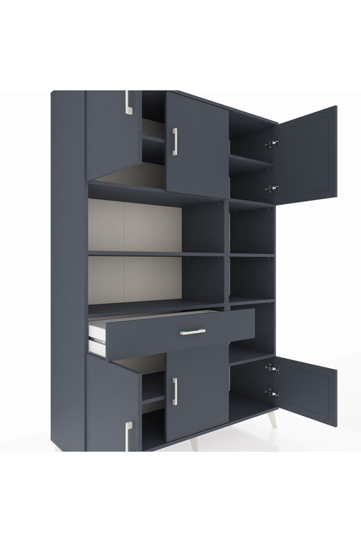 Hyperion Dolap 10 Raflı Tek Çekmeceli 6 Kapaklı 132x44x195 Antrasit-Antrasit/Antrasit