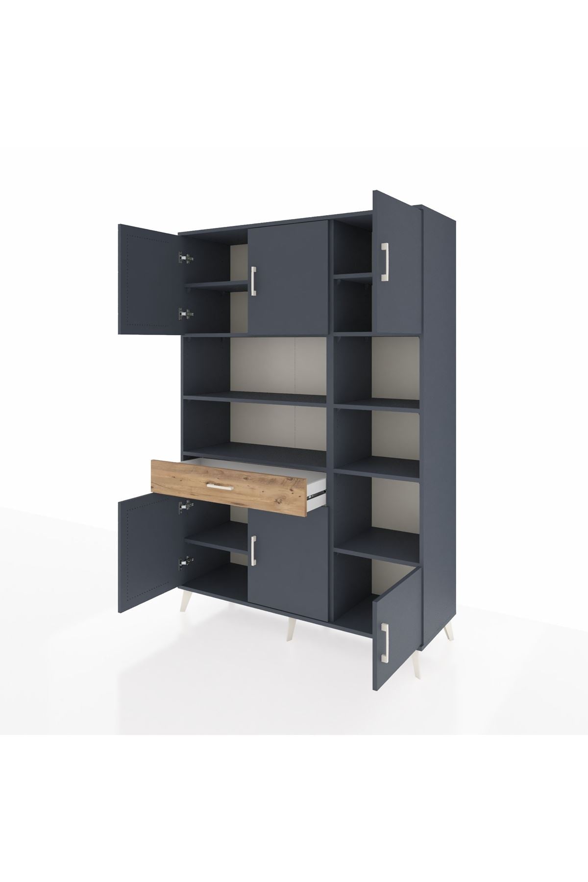 Hyperion Dolap 10 Raflı Tek Çekmeceli 6 Kapaklı 132x44x195 Antrasit-Antrasit/Çam