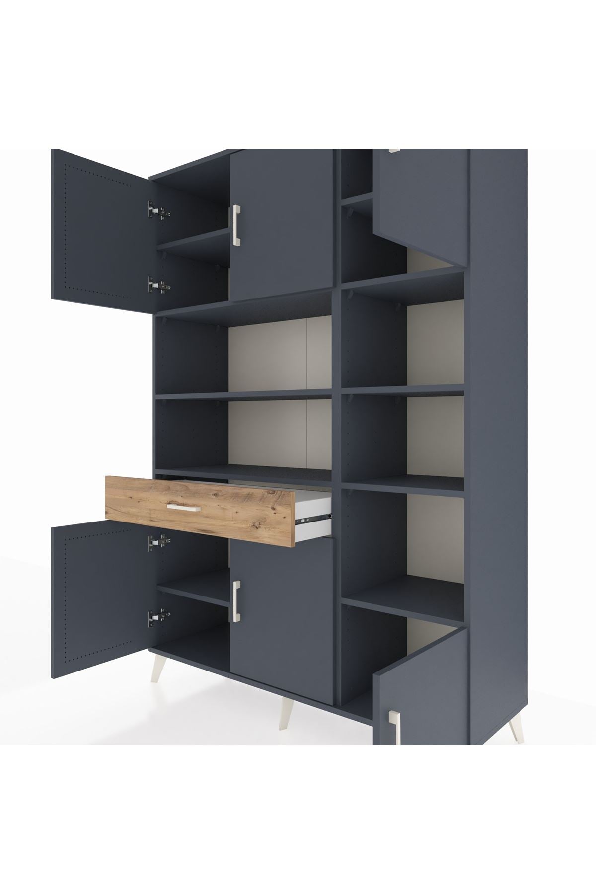 Hyperion Dolap 10 Raflı Tek Çekmeceli 6 Kapaklı 132x44x195 Antrasit-Antrasit/Çam