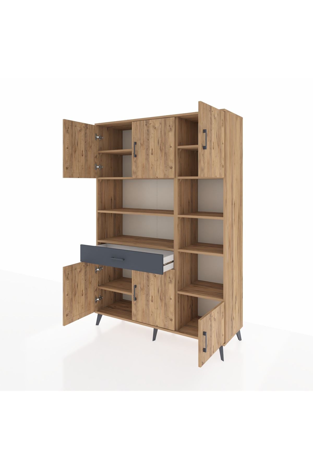 Hyperion Dolap 10 Raflı Tek Çekmeceli 6 Kapaklı 132x44x195 Çam-Çam/Antrasit