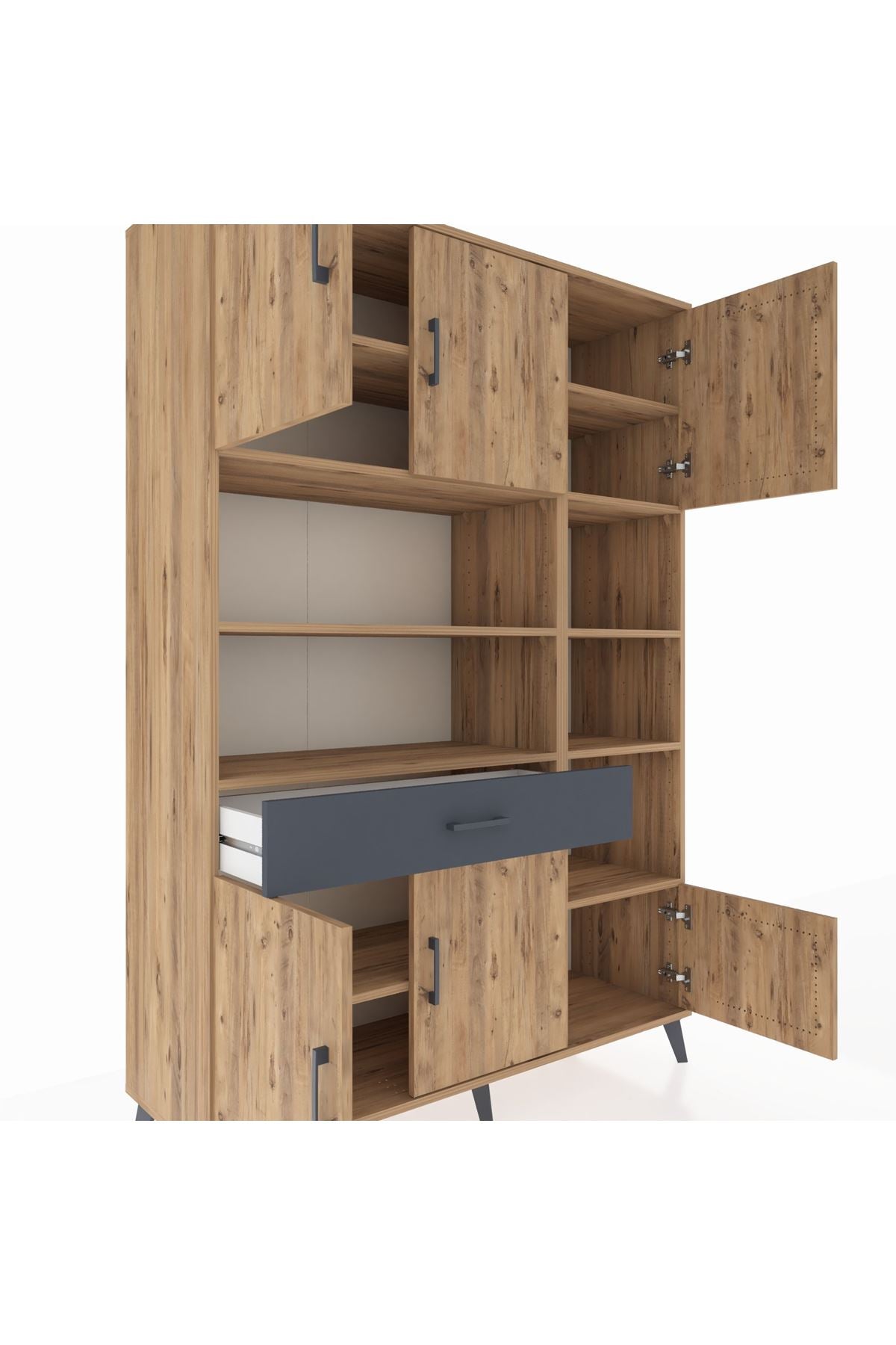 Hyperion Dolap 10 Raflı Tek Çekmeceli 6 Kapaklı 132x44x195 Çam-Çam/Antrasit