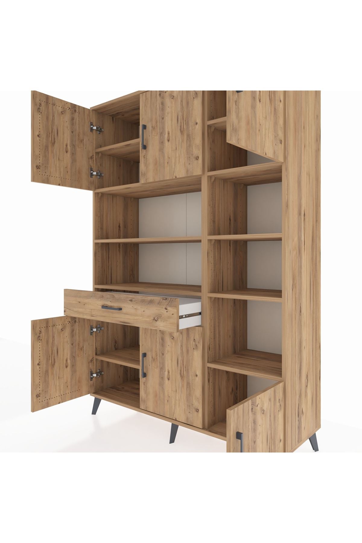 Hyperion Dolap 10 Raflı Tek Çekmeceli 6 Kapaklı 132x44x195 Çam-Çam/Çam