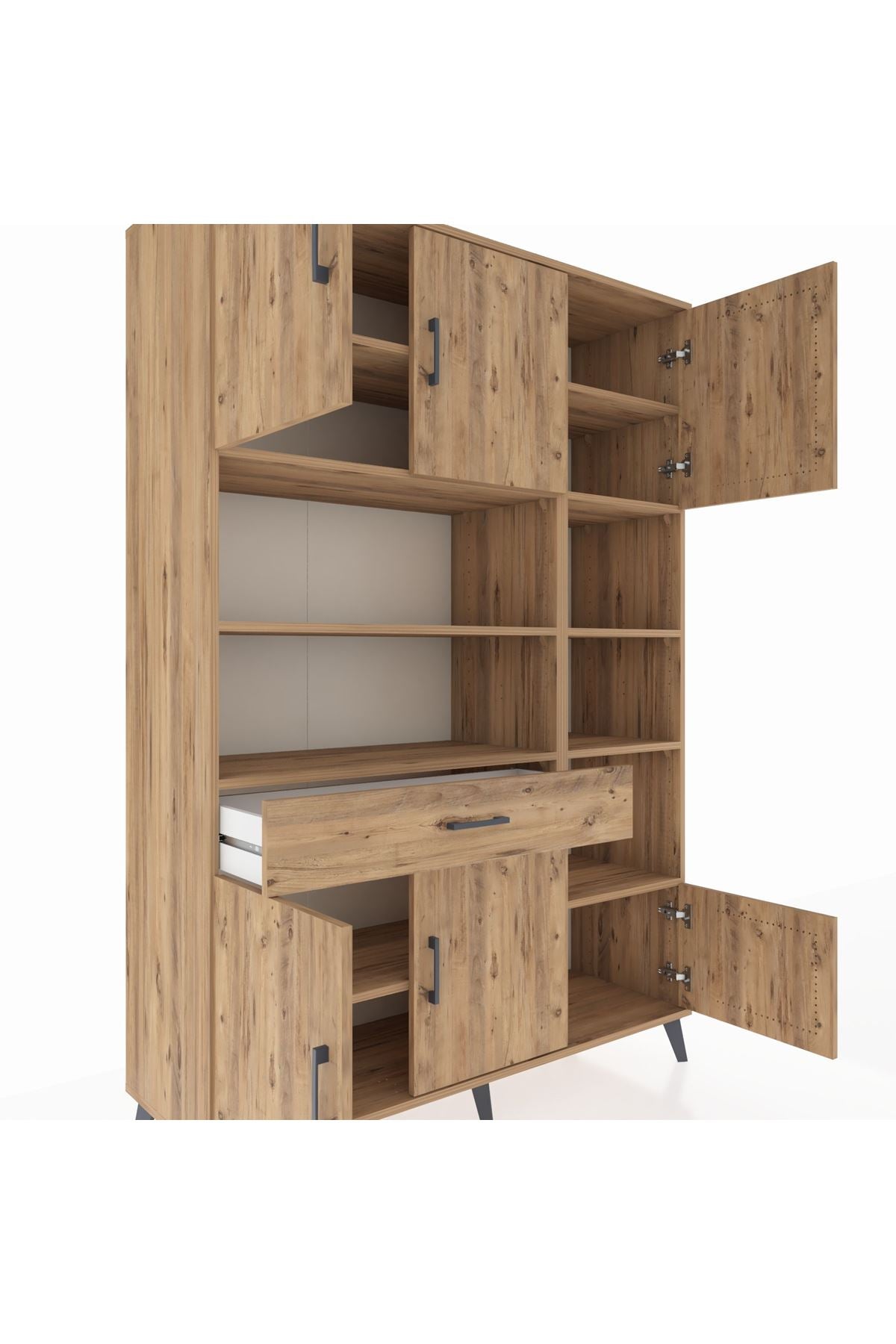 Hyperion Dolap 10 Raflı Tek Çekmeceli 6 Kapaklı 132x44x195 Çam-Çam/Çam