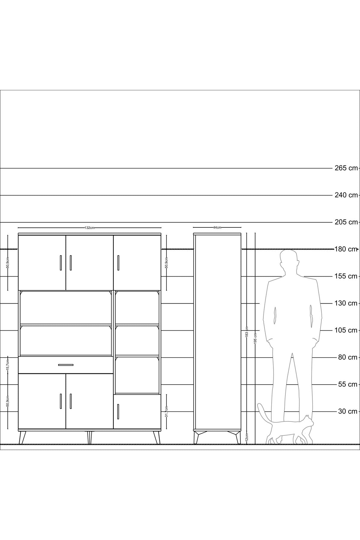 Hyperion Dolap 10 Raflı Tek Çekmeceli 6 Kapaklı 132x44x195 Çam-Çam/Çam