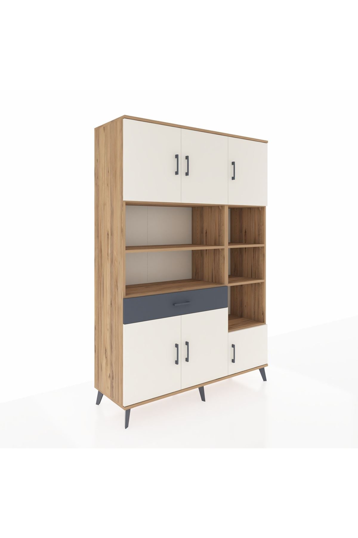 Hyperion Dolap 10 Raflı Tek Çekmeceli 6 Kapaklı 132x44x195 Çam-Aytaşı/Antrasit