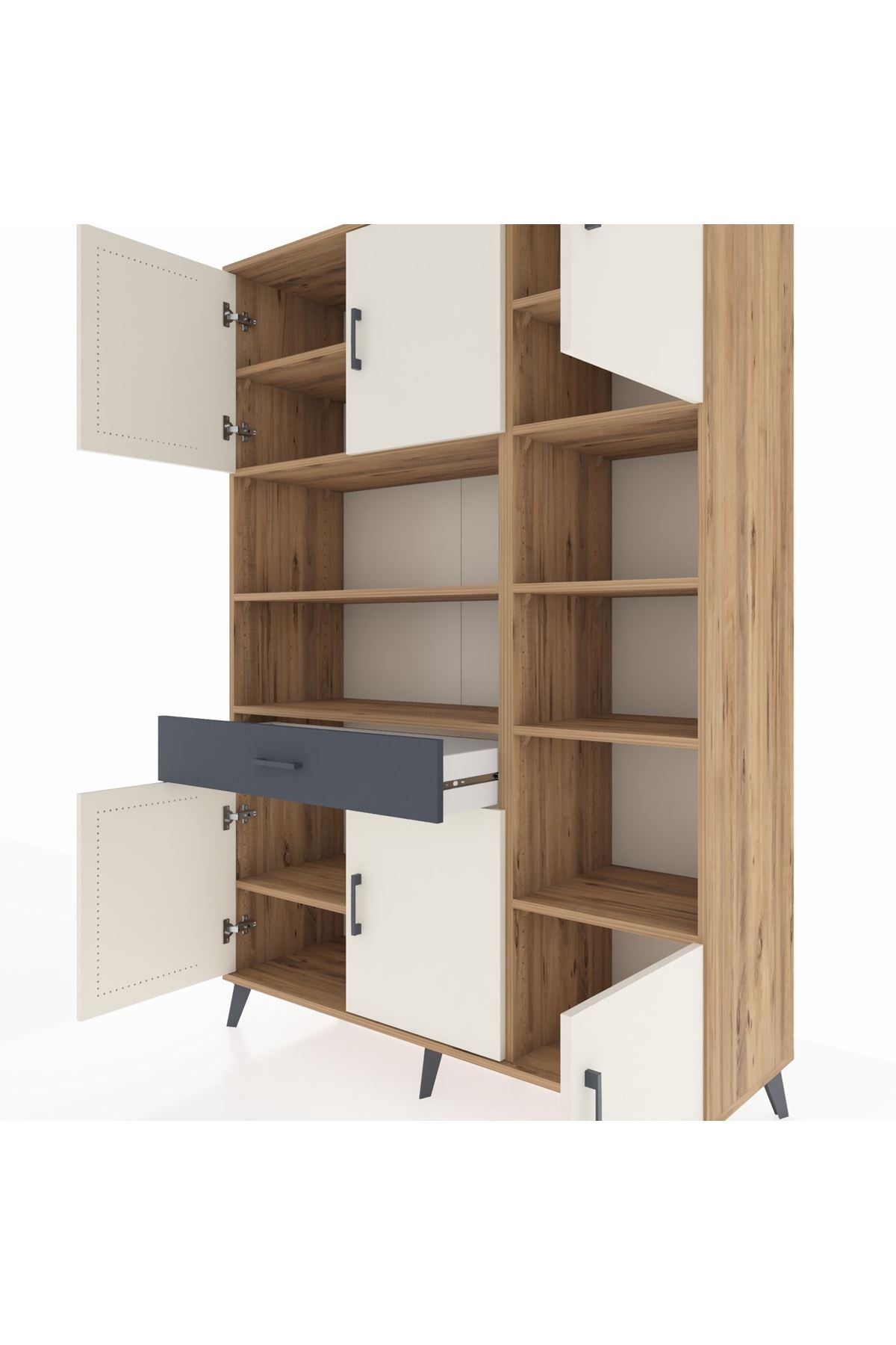 Hyperion Dolap 10 Raflı Tek Çekmeceli 6 Kapaklı 132x44x195 Çam-Aytaşı/Antrasit