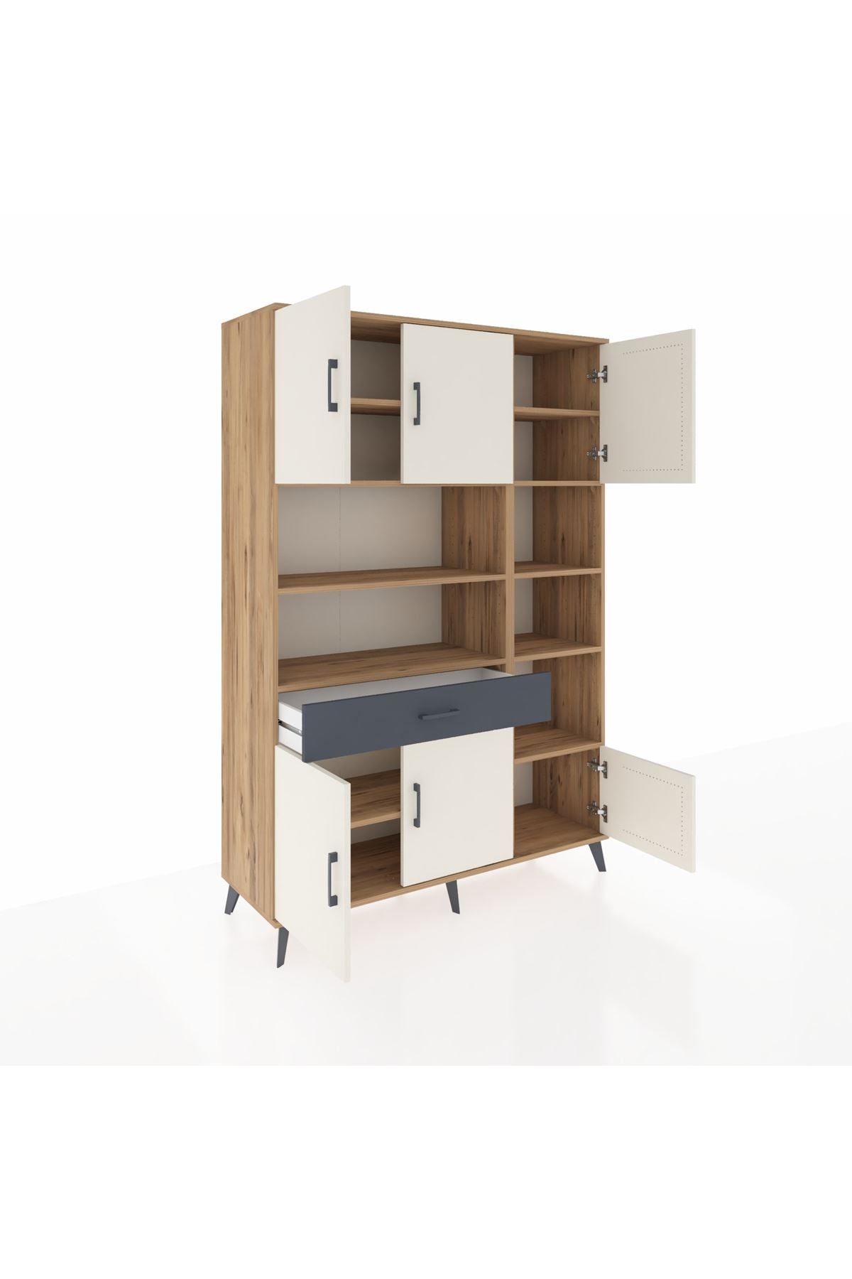 Hyperion Dolap 10 Raflı Tek Çekmeceli 6 Kapaklı 132x44x195 Çam-Aytaşı/Antrasit