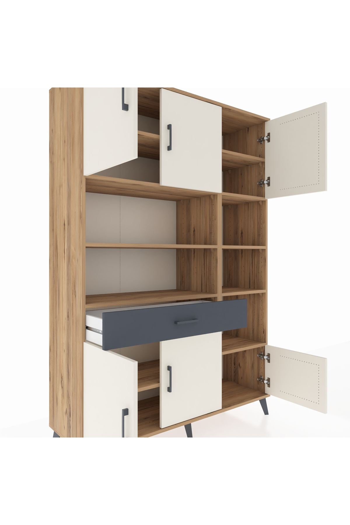 Hyperion Dolap 10 Raflı Tek Çekmeceli 6 Kapaklı 132x44x195 Çam-Aytaşı/Antrasit