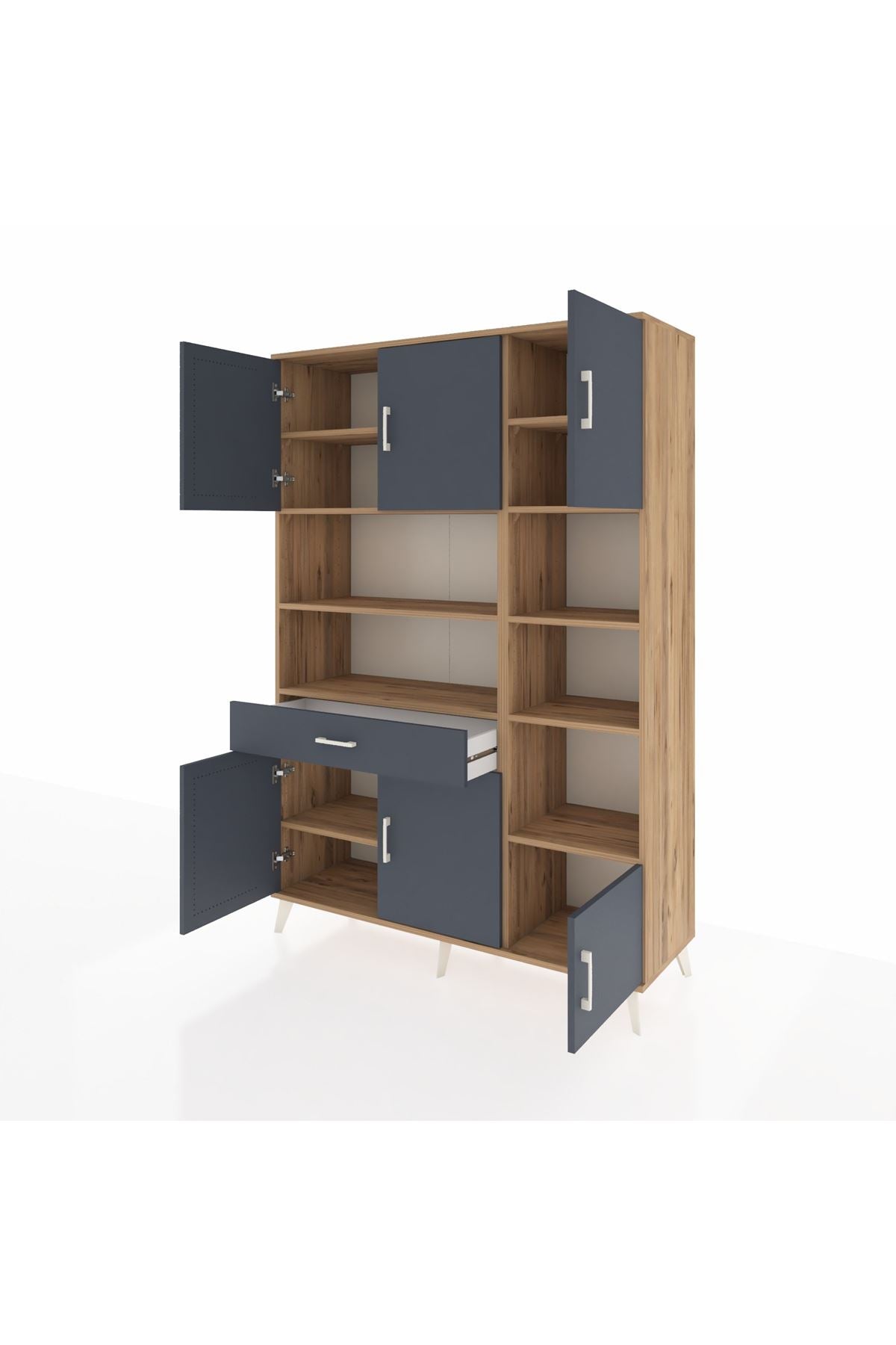 Hyperion Dolap 10 Raflı Tek Çekmeceli 6 Kapaklı 132x44x195 Çam-Antrasit/Antrasit