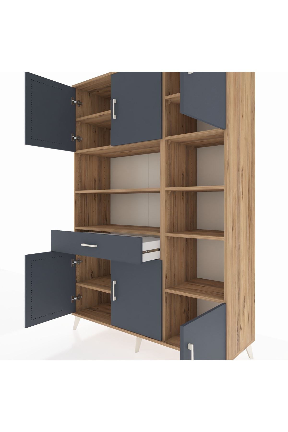 Hyperion Dolap 10 Raflı Tek Çekmeceli 6 Kapaklı 132x44x195 Çam-Antrasit/Antrasit