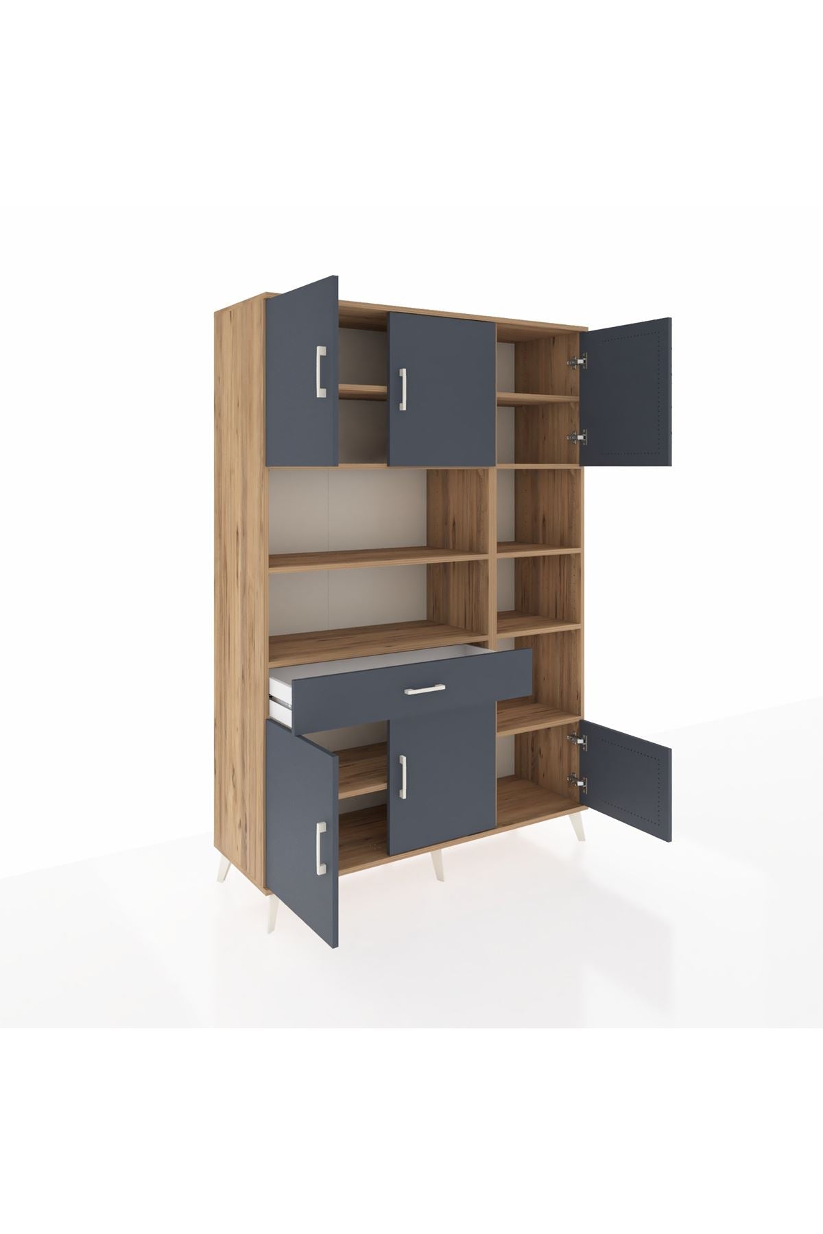 Hyperion Dolap 10 Raflı Tek Çekmeceli 6 Kapaklı 132x44x195 Çam-Antrasit/Antrasit