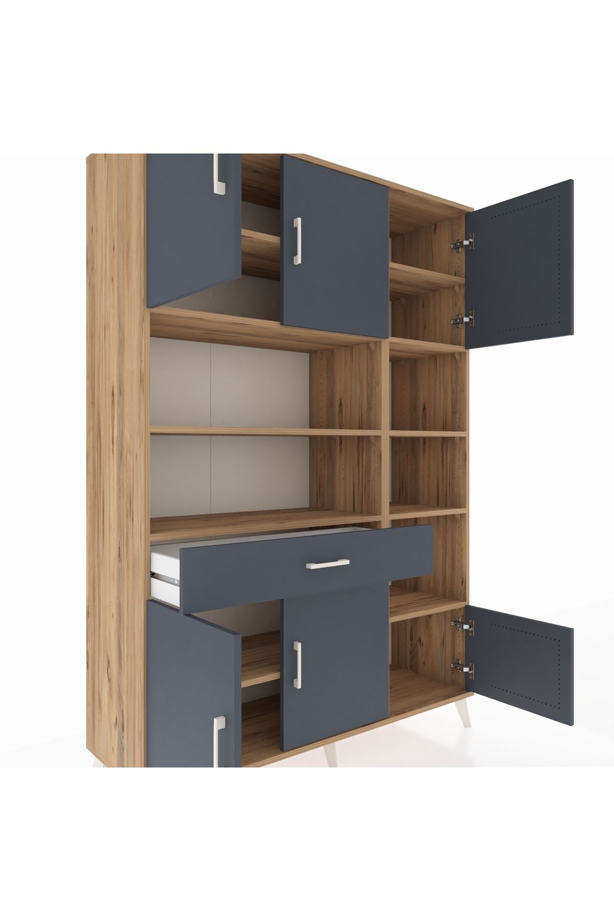 Hyperion Dolap 10 Raflı Tek Çekmeceli 6 Kapaklı 132x44x195 Çam-Antrasit/Antrasit