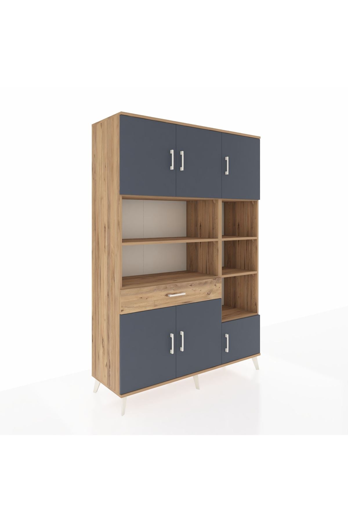 Hyperion Dolap 10 Raflı Tek Çekmeceli 6 Kapaklı 132x44x195 Çam-Antrasit/Çam