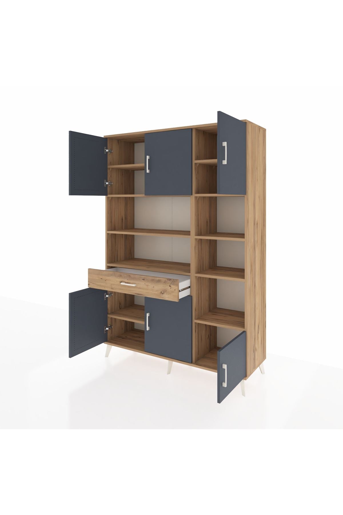 Hyperion Dolap 10 Raflı Tek Çekmeceli 6 Kapaklı 132x44x195 Çam-Antrasit/Çam