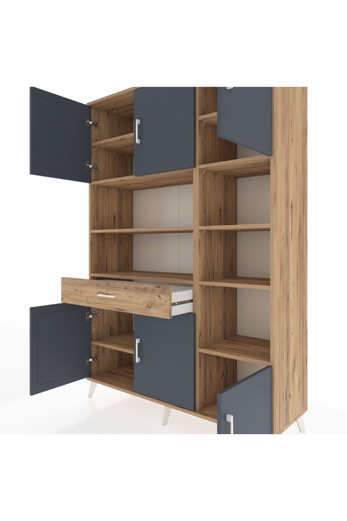 Hyperion Dolap 10 Raflı Tek Çekmeceli 6 Kapaklı 132x44x195 Çam-Antrasit/Çam