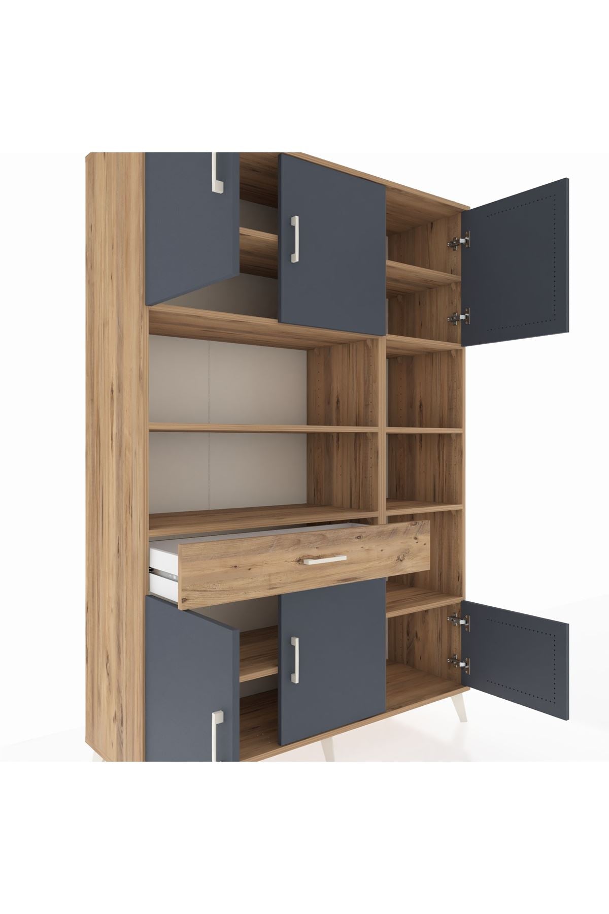 Hyperion Dolap 10 Raflı Tek Çekmeceli 6 Kapaklı 132x44x195 Çam-Antrasit/Çam