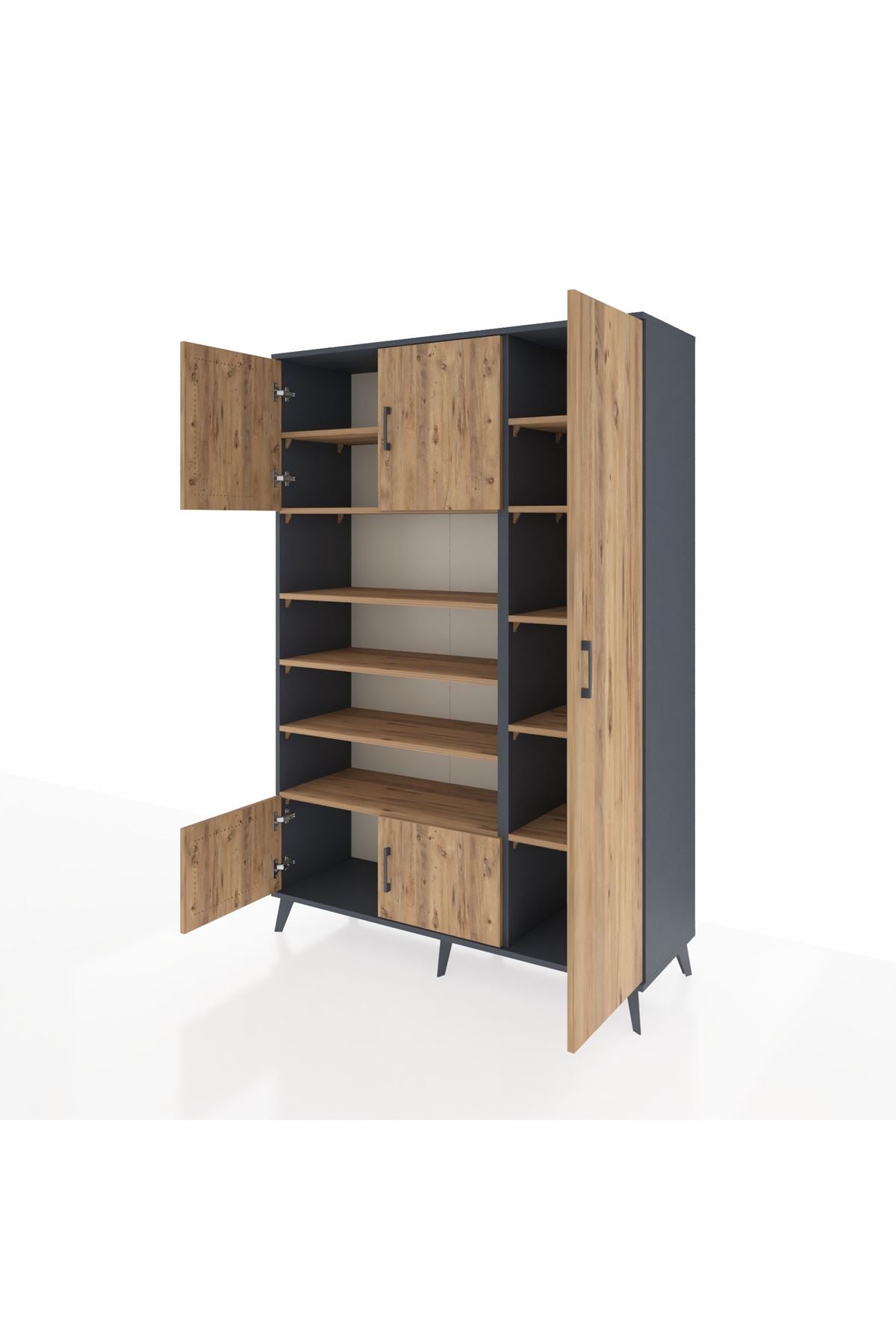 Hyperion Dolap 11 Raflı 5 Kapaklı 132x44x195 Antrasit-Çam/Çam