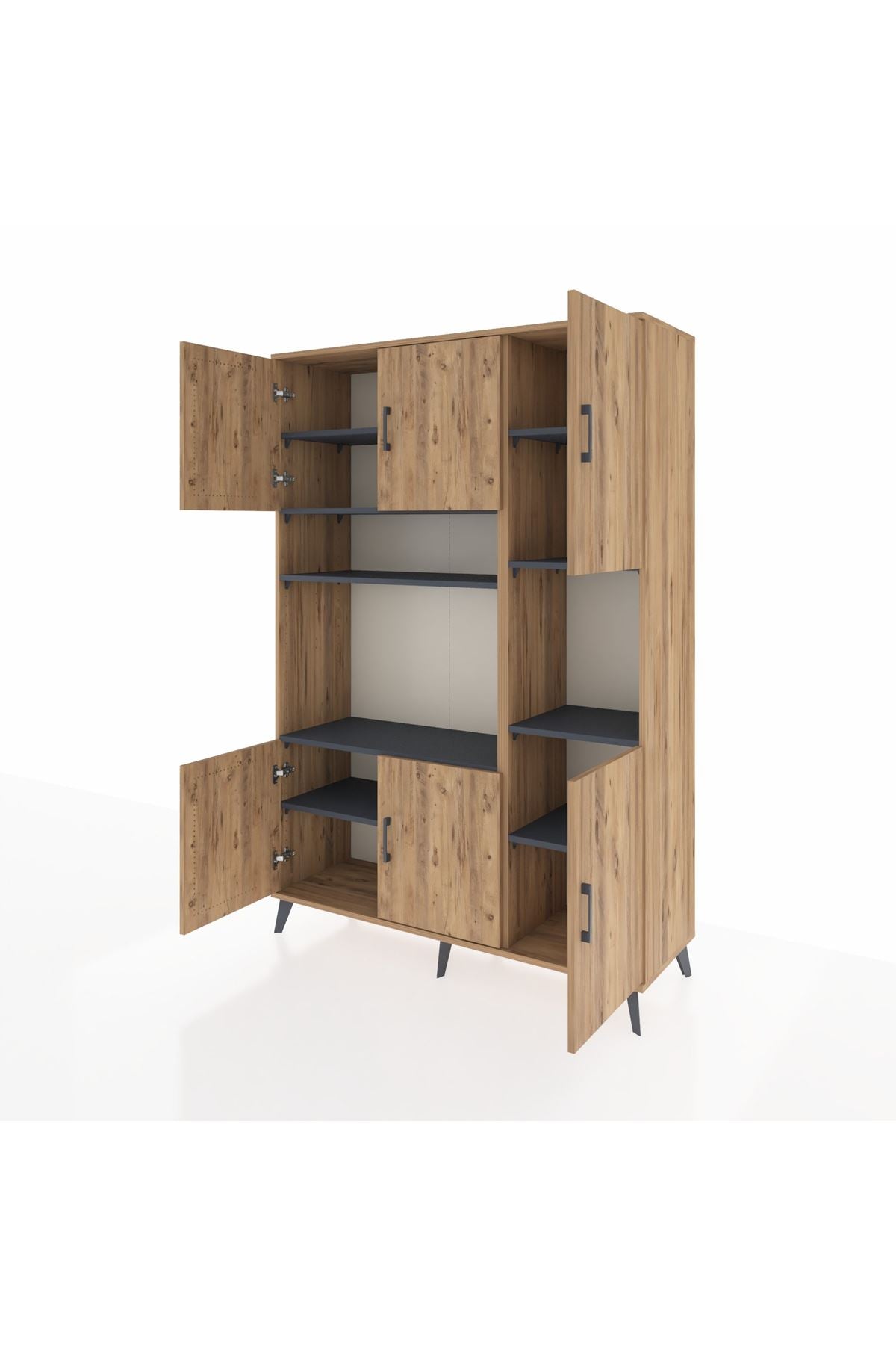 Hyperion Dolap 9 Raflı 6 Kapaklı 132x44x195 Çam-Çam/Antrasit