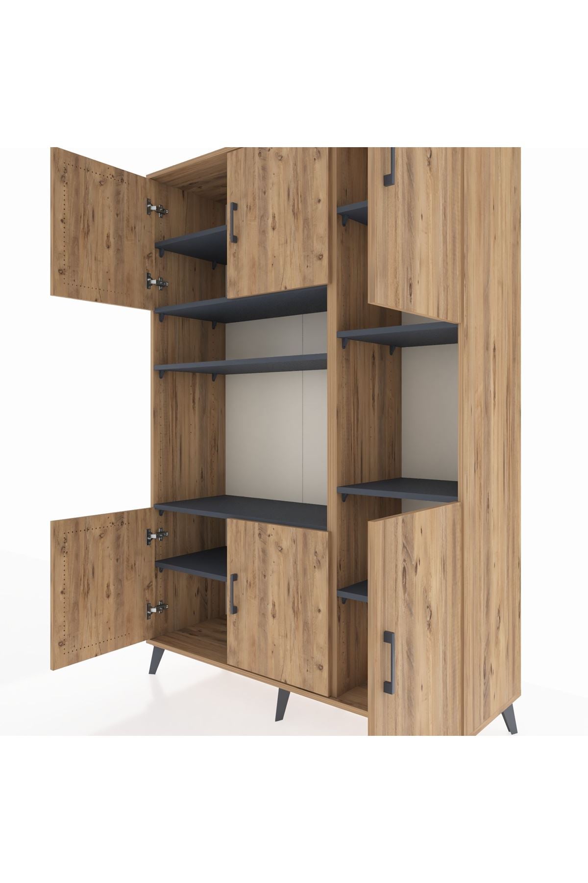 Hyperion Dolap 9 Raflı 6 Kapaklı 132x44x195 Çam-Çam/Antrasit