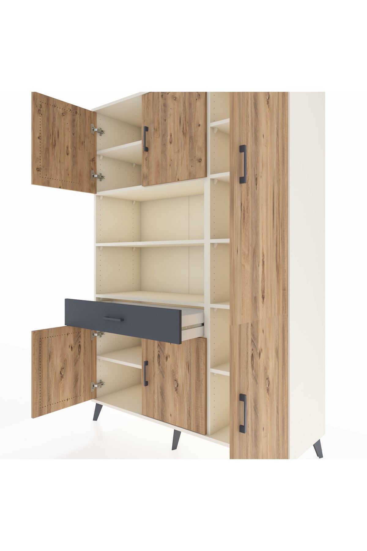 Hyperion Dolap 10 Raflı Tek Çekmeceli 6 Kapaklı 132x44x195 Aytaşı-Çam/Antrasit