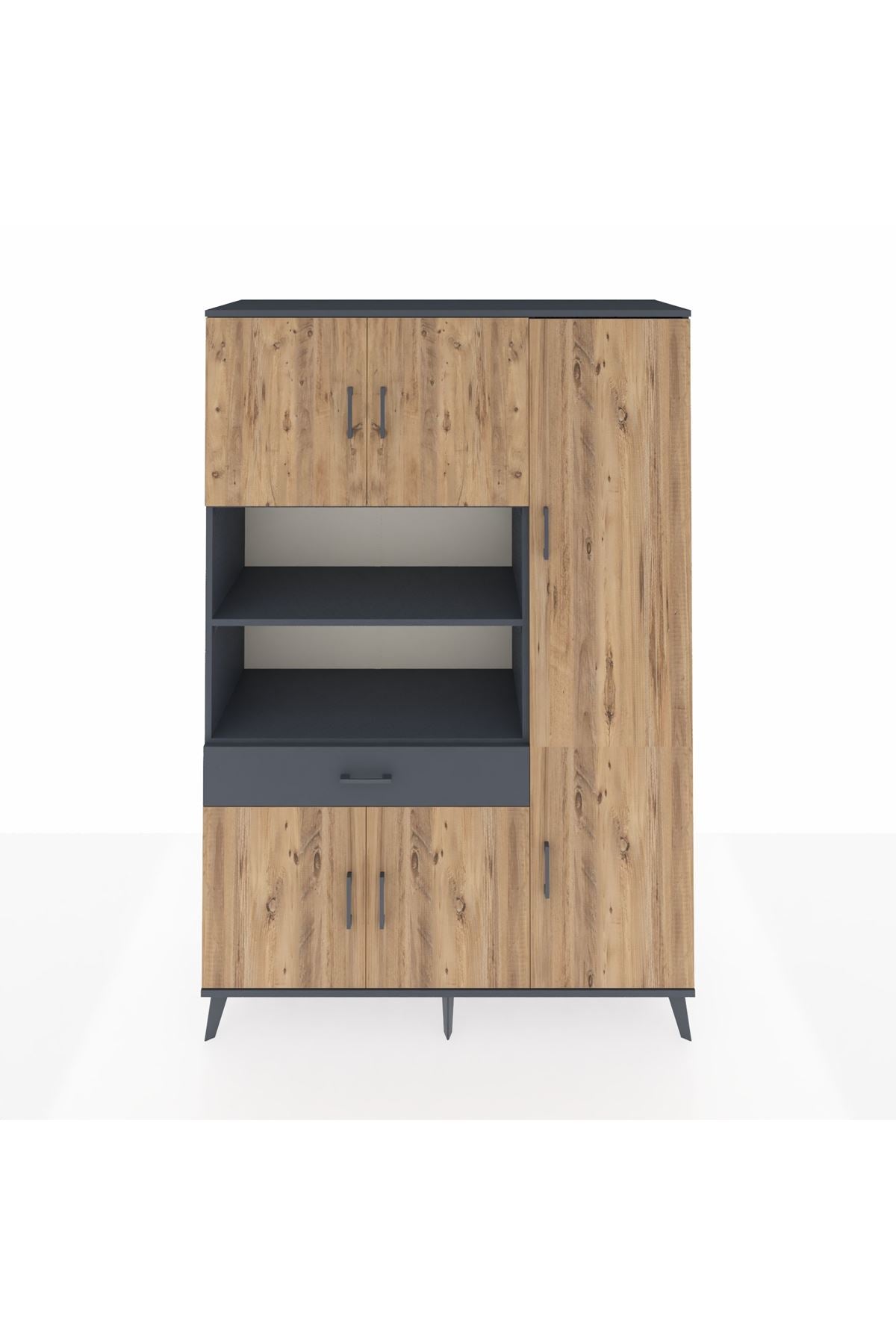 Hyperion Dolap 10 Raflı Tek Çekmeceli 6 Kapaklı 132x44x195 Antrasit-Çam/Antrasit